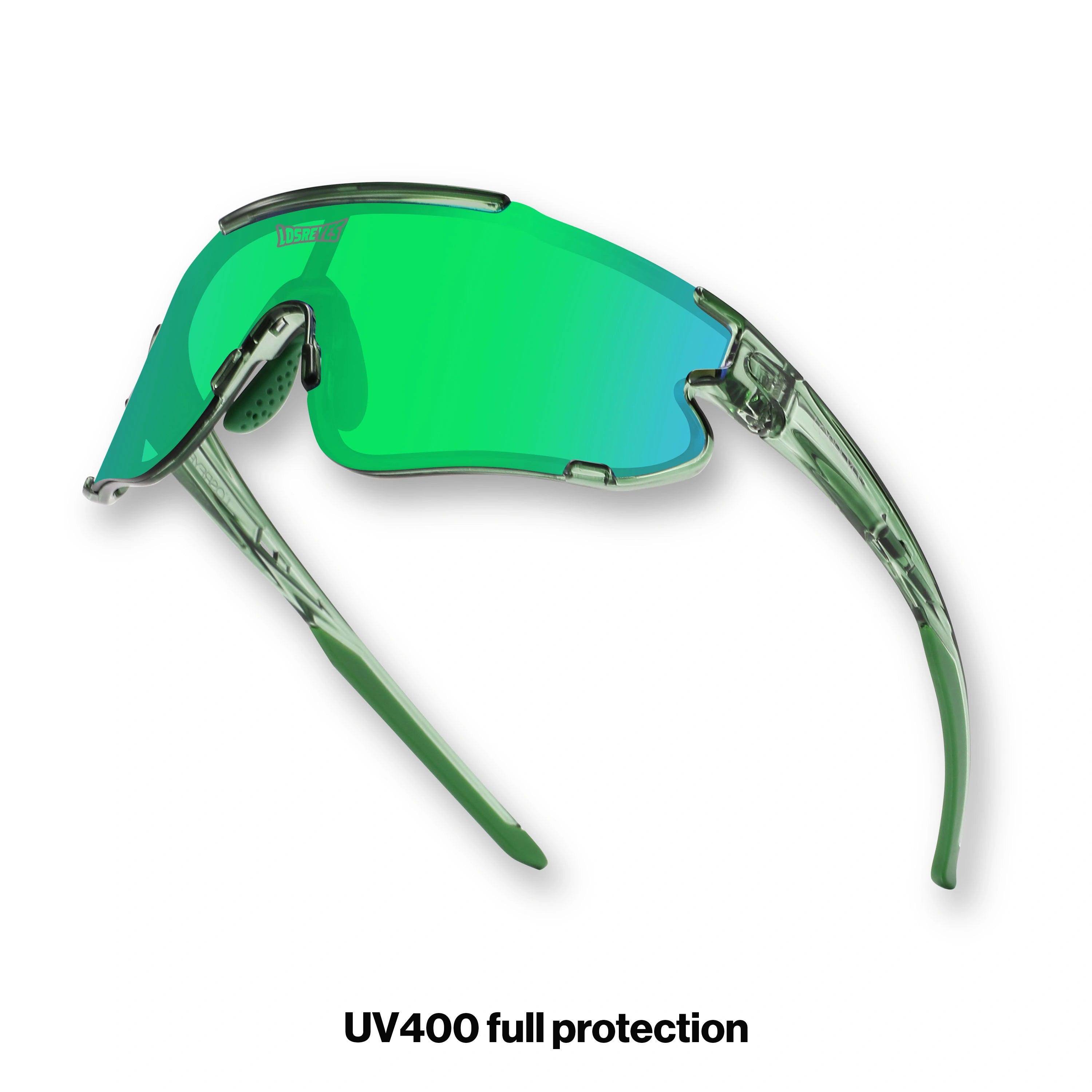 Hero view of LosReyes Elevate Collection Cactus green sports sunglasses featuring iridium shield lens, sleek wrap frame, and UV400 performance protection