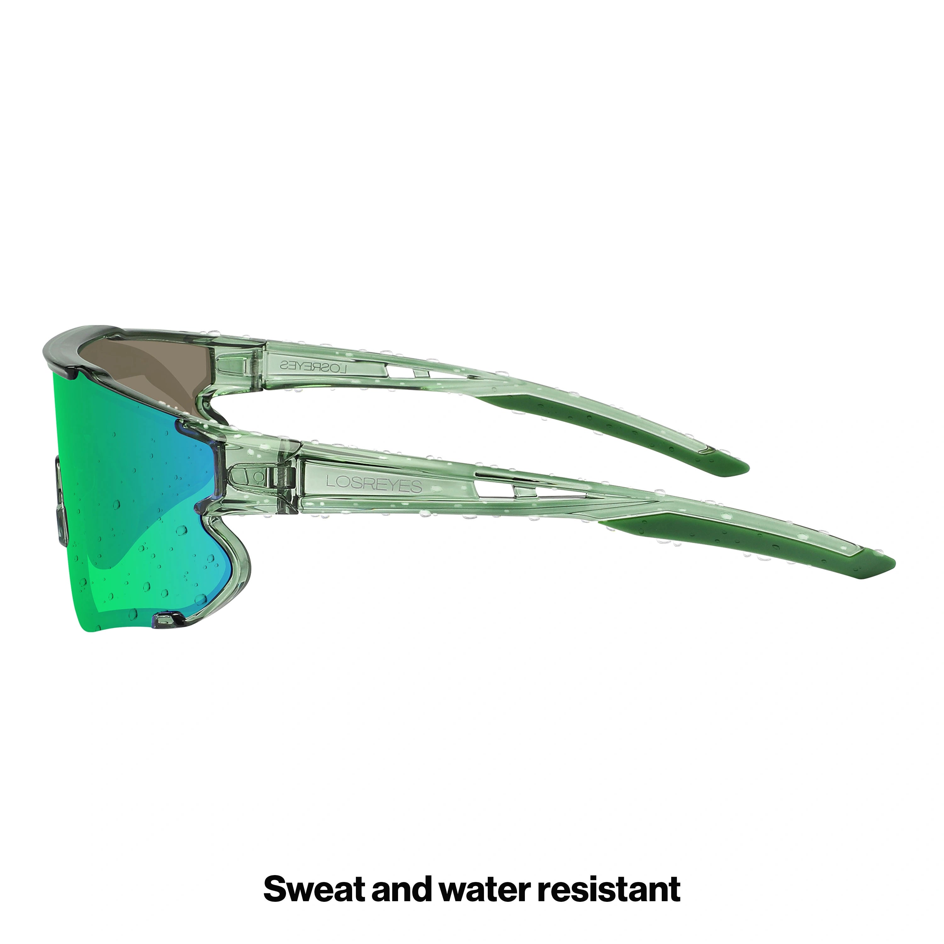 Side view of LosReyes Elevate Collection Cactus green wraparound sports sunglasses featuring curved performance arms, iridium mirrored lens, and UV400 sun protection
