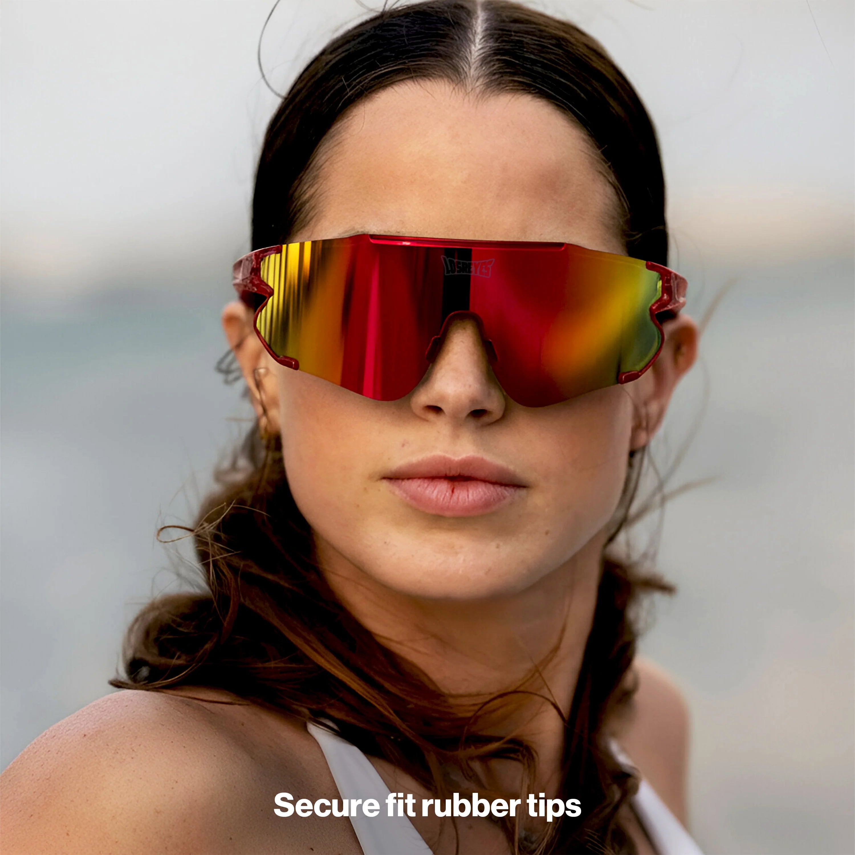 LosReyes Elevate Cherry red mirrored sport sunglasses — dynamic, lightweight eyewear for runners and athletes, priced under $50.