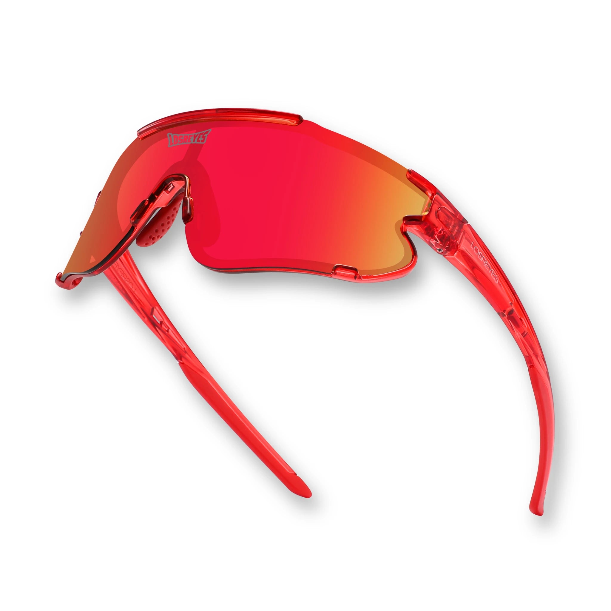 Hero angle of LosReyes Elevate Cherry red sports sunglasses with vibrant red UV400 shield lens, aerodynamic fit, and semi-transparent red performance frame built for athletes and runners.