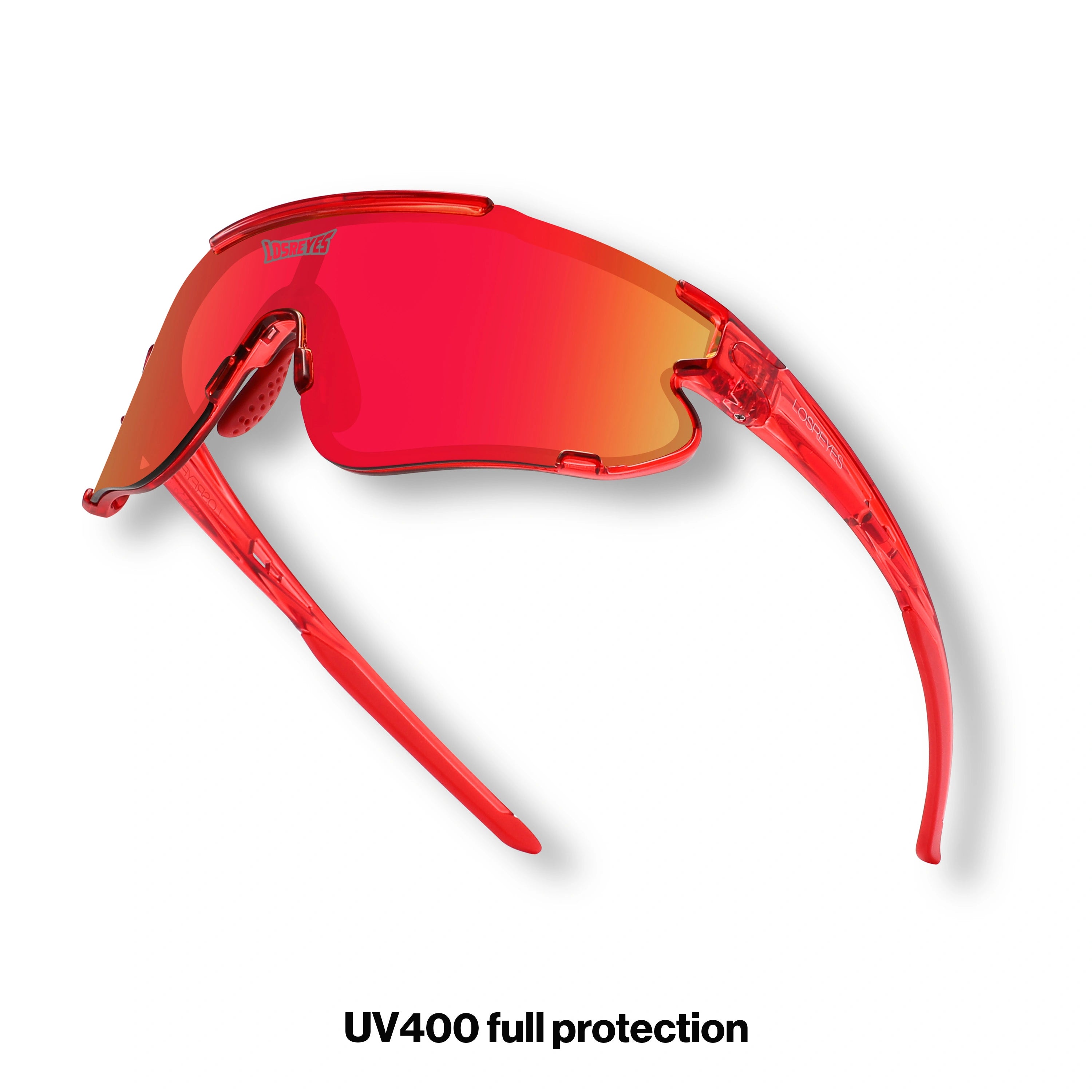 Hero angle of LosReyes Elevate Cherry red sports sunglasses with vibrant red UV400 shield lens, aerodynamic fit, and semi-transparent red performance frame built for athletes and runners.