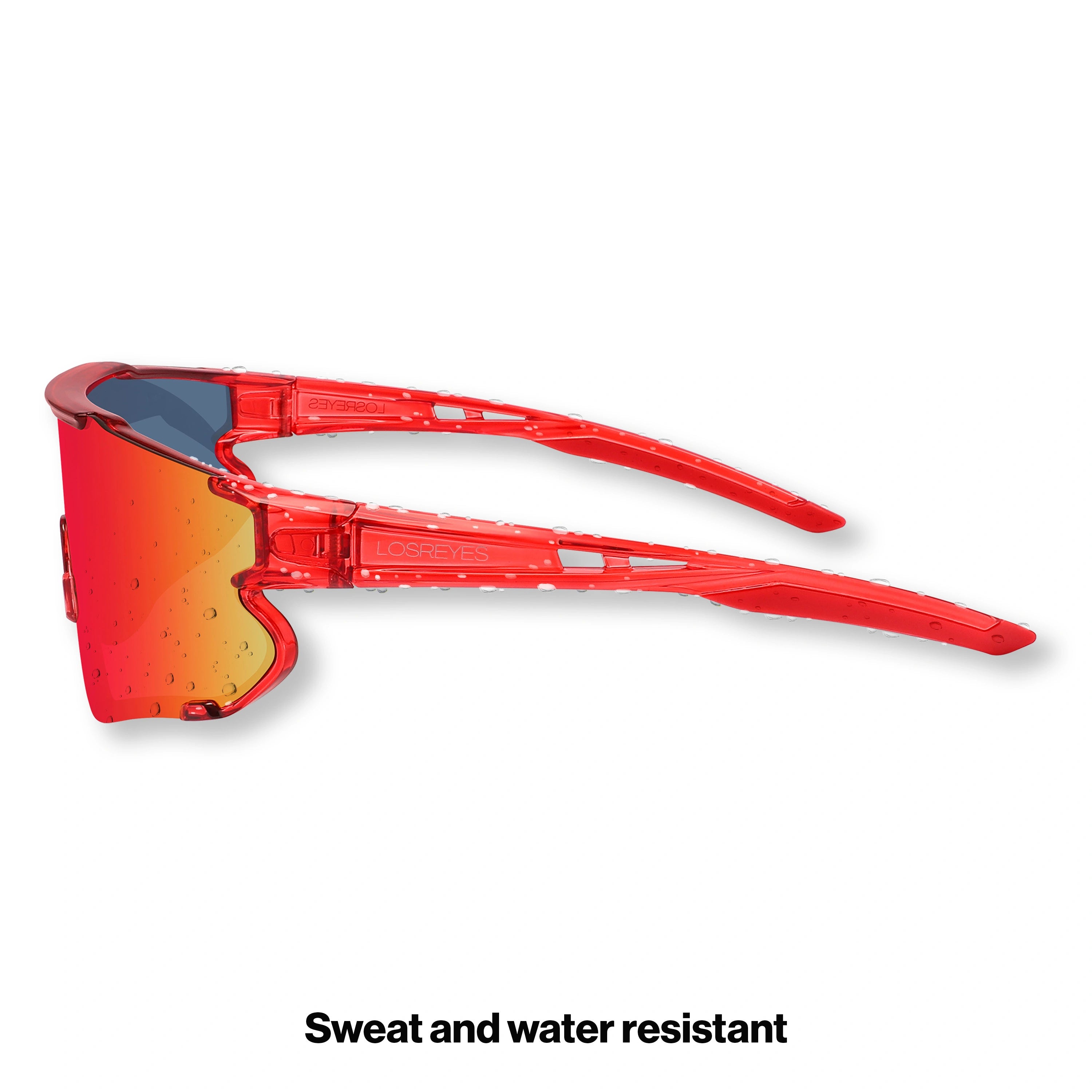 Side view of LosReyes Elevate Cherry red wraparound sunglasses with red shield lens, crystal-clear arms, and non-slip temple tips engineered for speed, cycling, and UV protection.