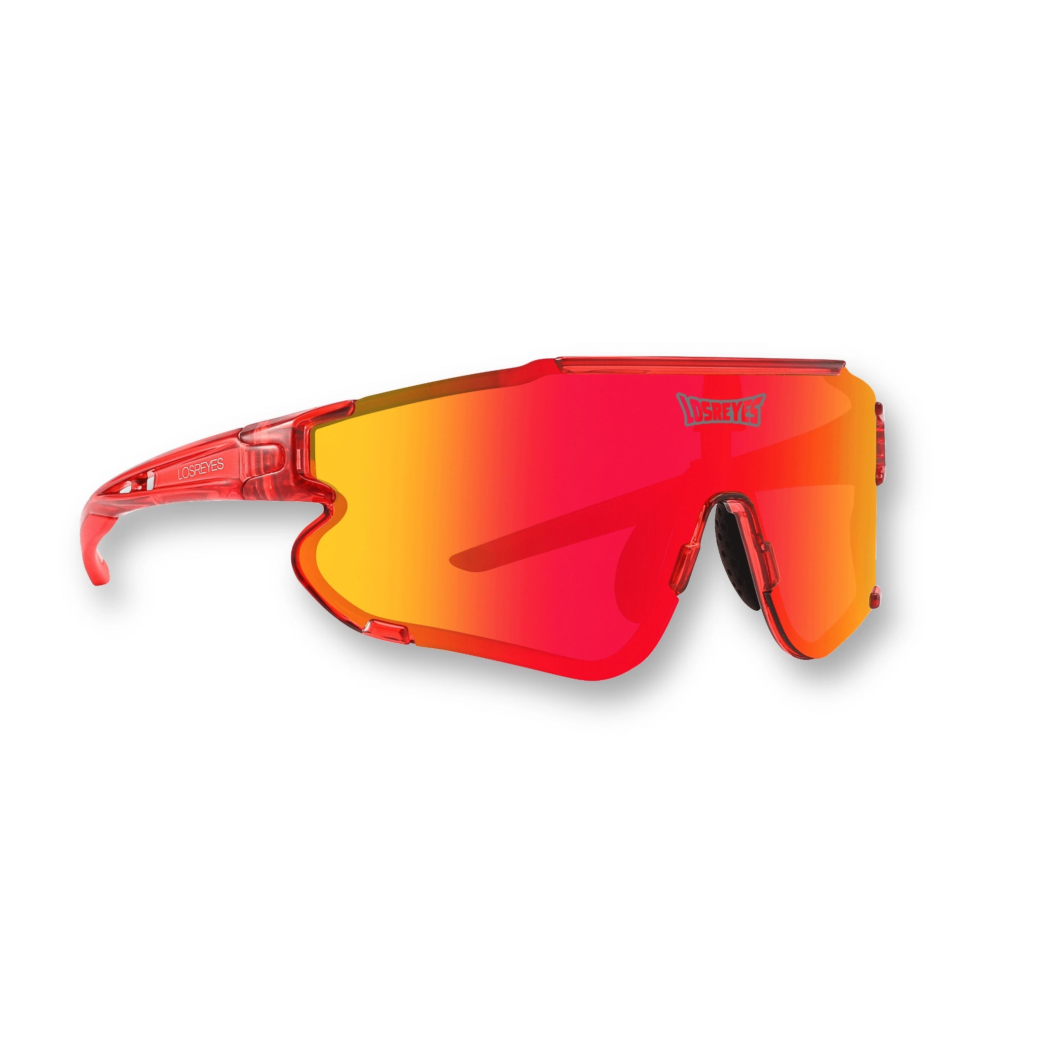 Front angle of LosReyes Elevate Cherry sports sunglasses featuring a translucent red frame, vibrant red-orange mirrored shield lens, aerodynamic wraparound design, and UV400 protection for athletic performance and outdoor sports