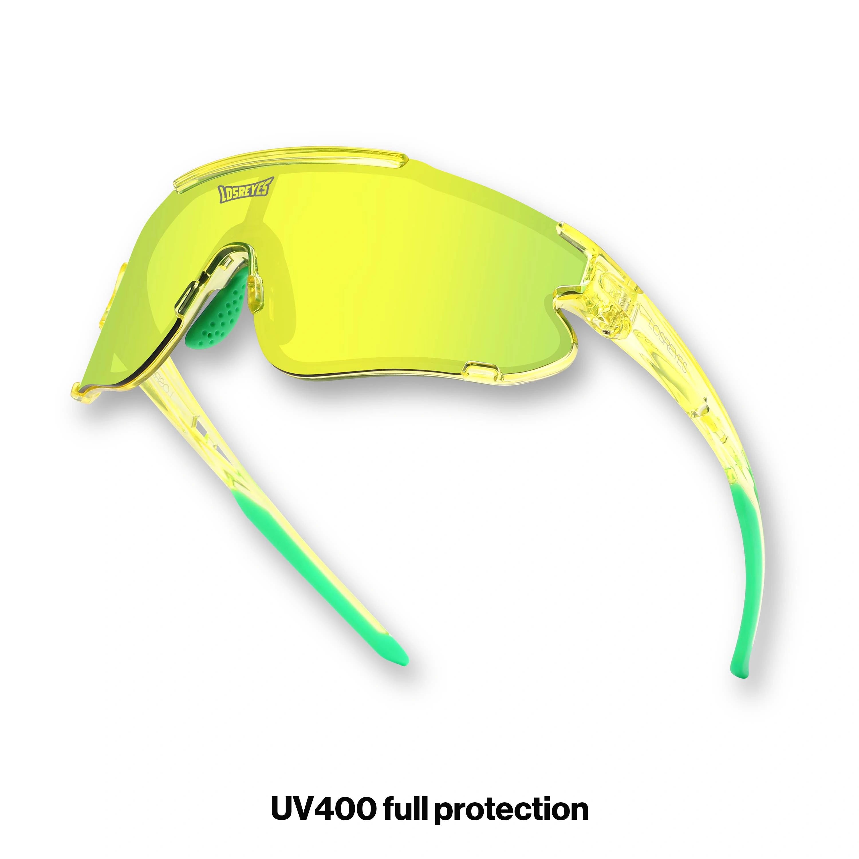 Hero view of LosReyes Elevate Collection Lime sports sunglasses featuring iridium shield lens, aerodynamic wraparound frame, and UV400 athletic protection