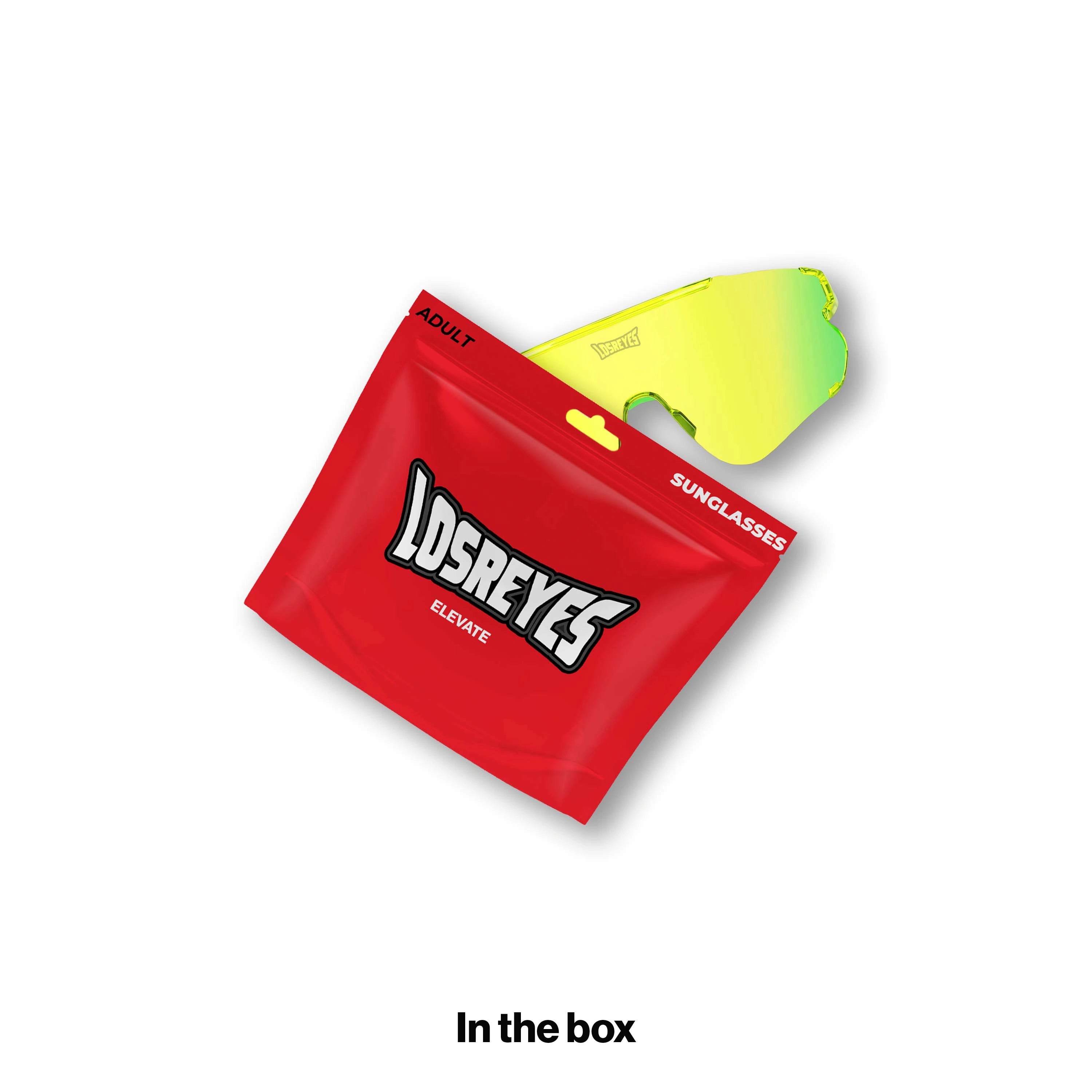 LOSREYES Elevate Lime sport sunglasses with gold lens and red resealable packaging