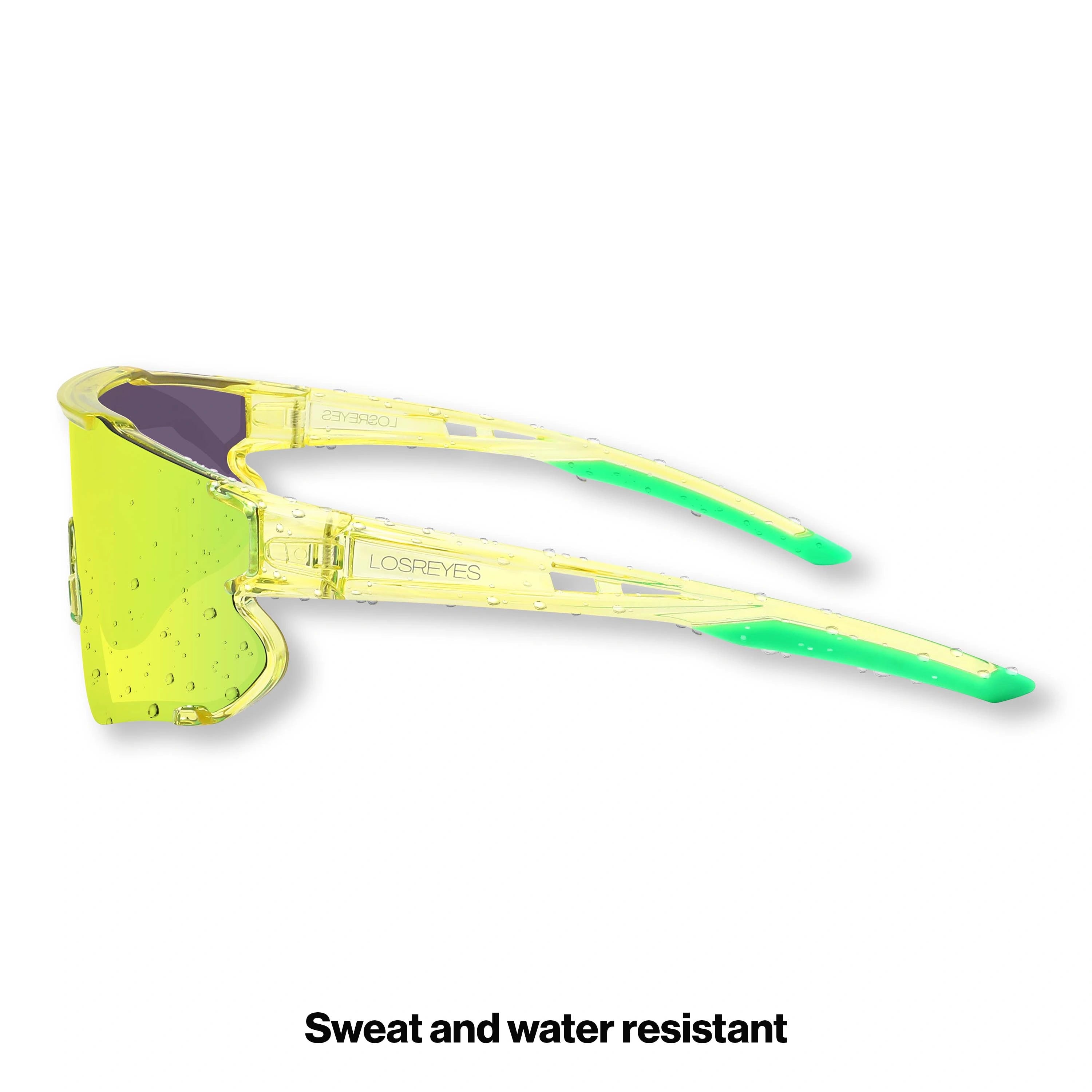 Side view of LosReyes Elevate Collection Lime wraparound sports sunglasses with mirrored lens, curved ergonomic arms, and UV400 protective frame