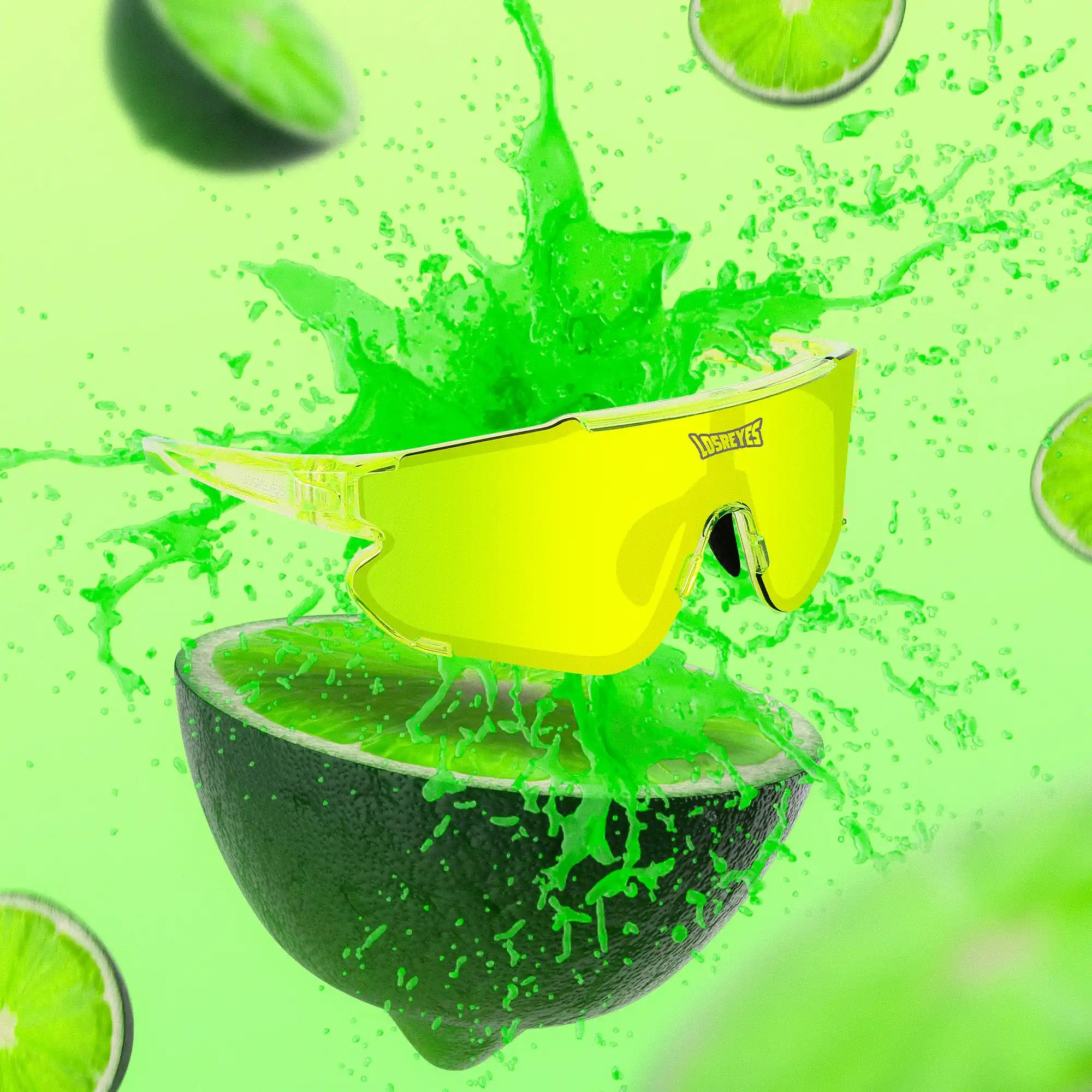 Losreyes Elevate sunglasses in Lime green, bursting with lime slices and citrus splash.