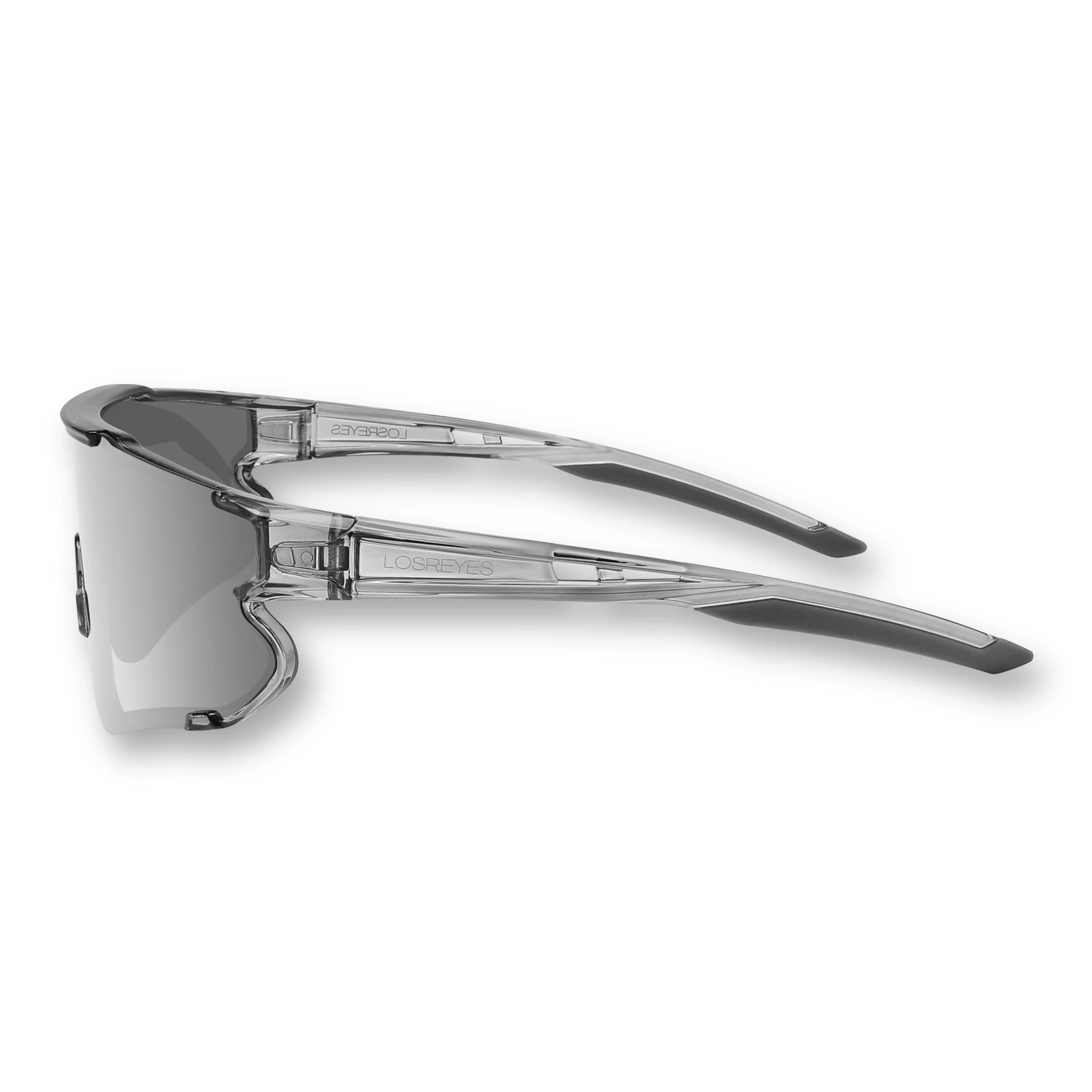 Side view of LosReyes Elevate Collection Marshmallow wraparound sports sunglasses with mirrored shield lens, ergonomic arm design, and UV400 athletic frame