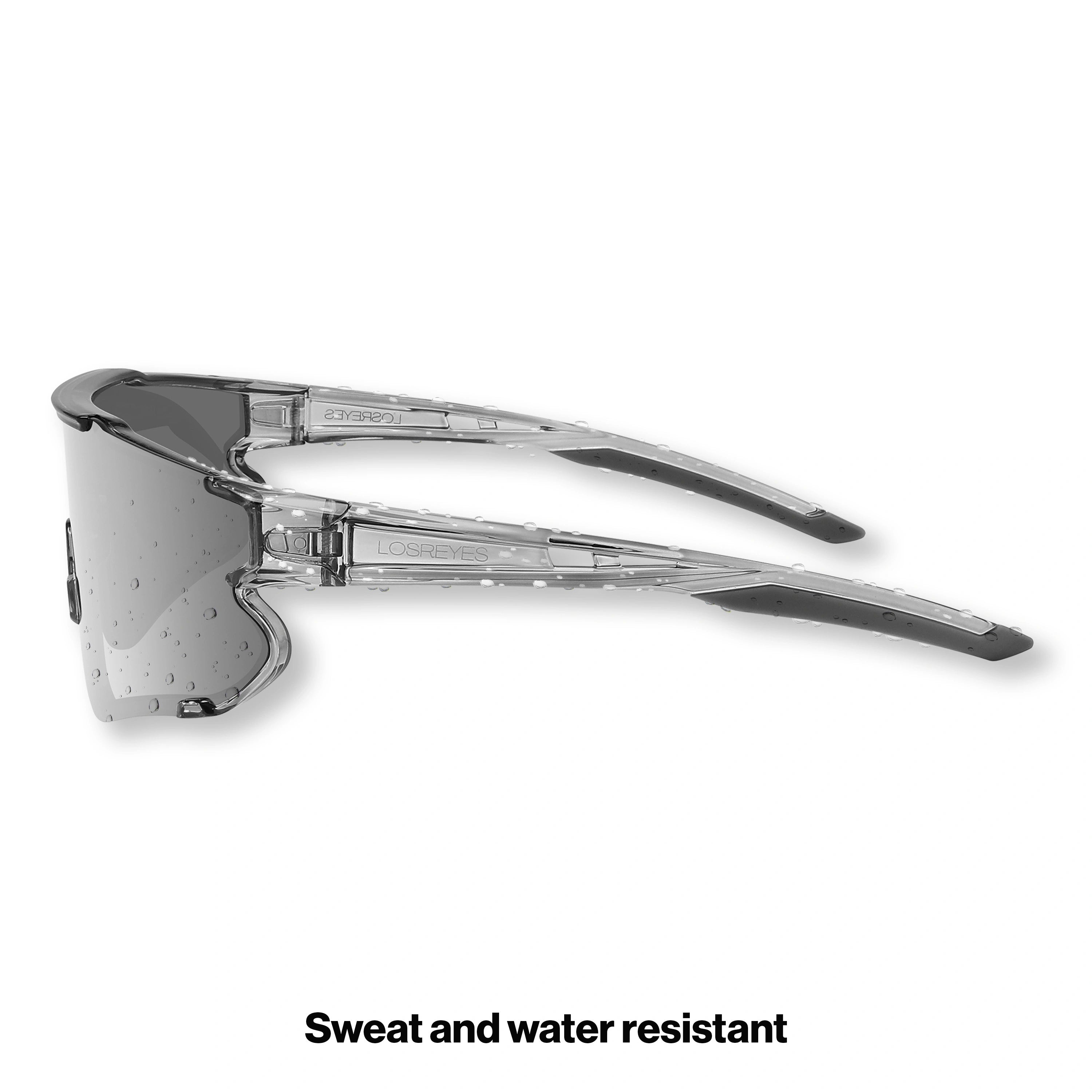 Side view of LosReyes Elevate Collection Marshmallow wraparound sports sunglasses with mirrored shield lens, ergonomic arm design, and UV400 athletic frame