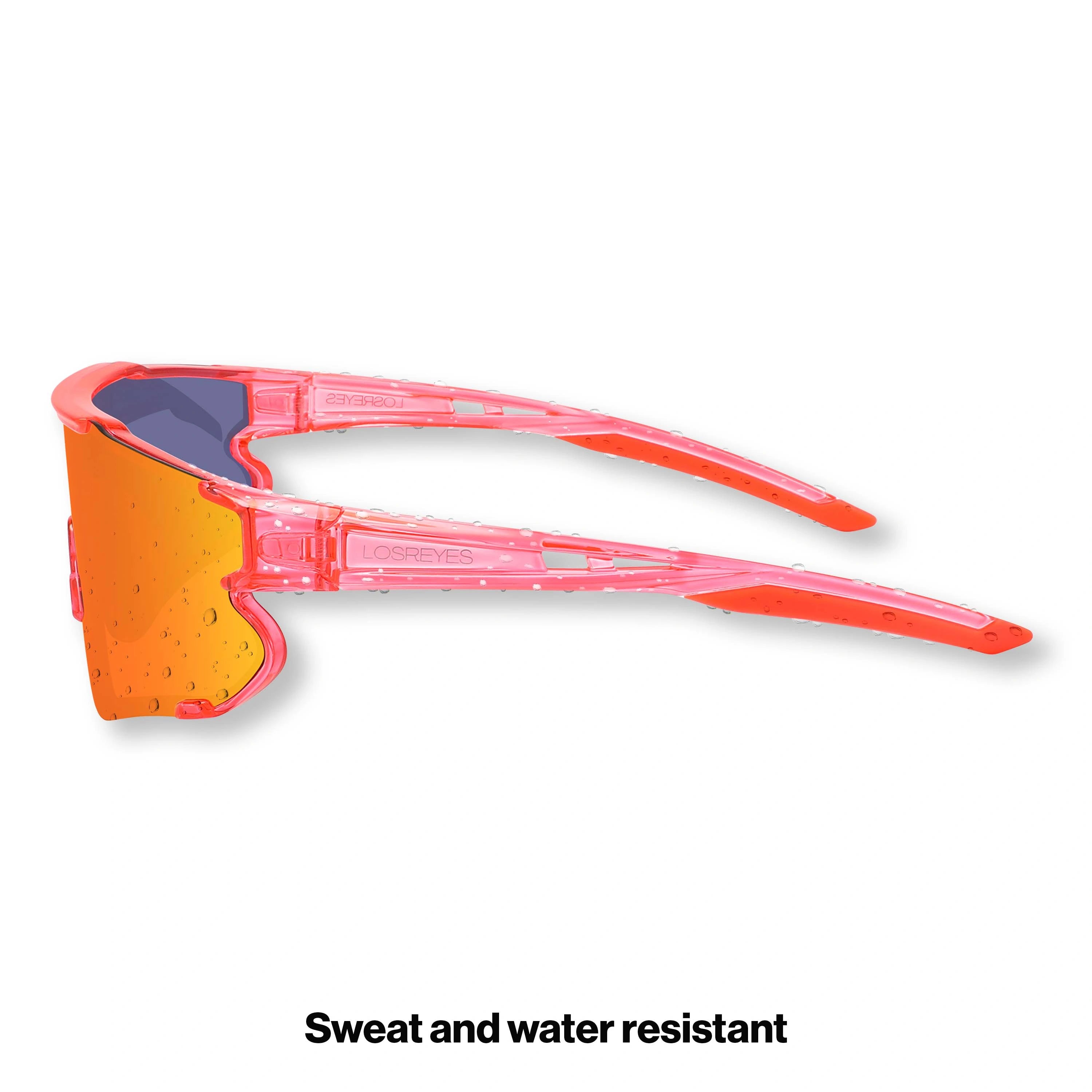Side view of LosReyes Elevate Collection Peach wraparound sports sunglasses featuring mirrored orange shield lens, ergonomic sport-fit arms, and UV400 protection