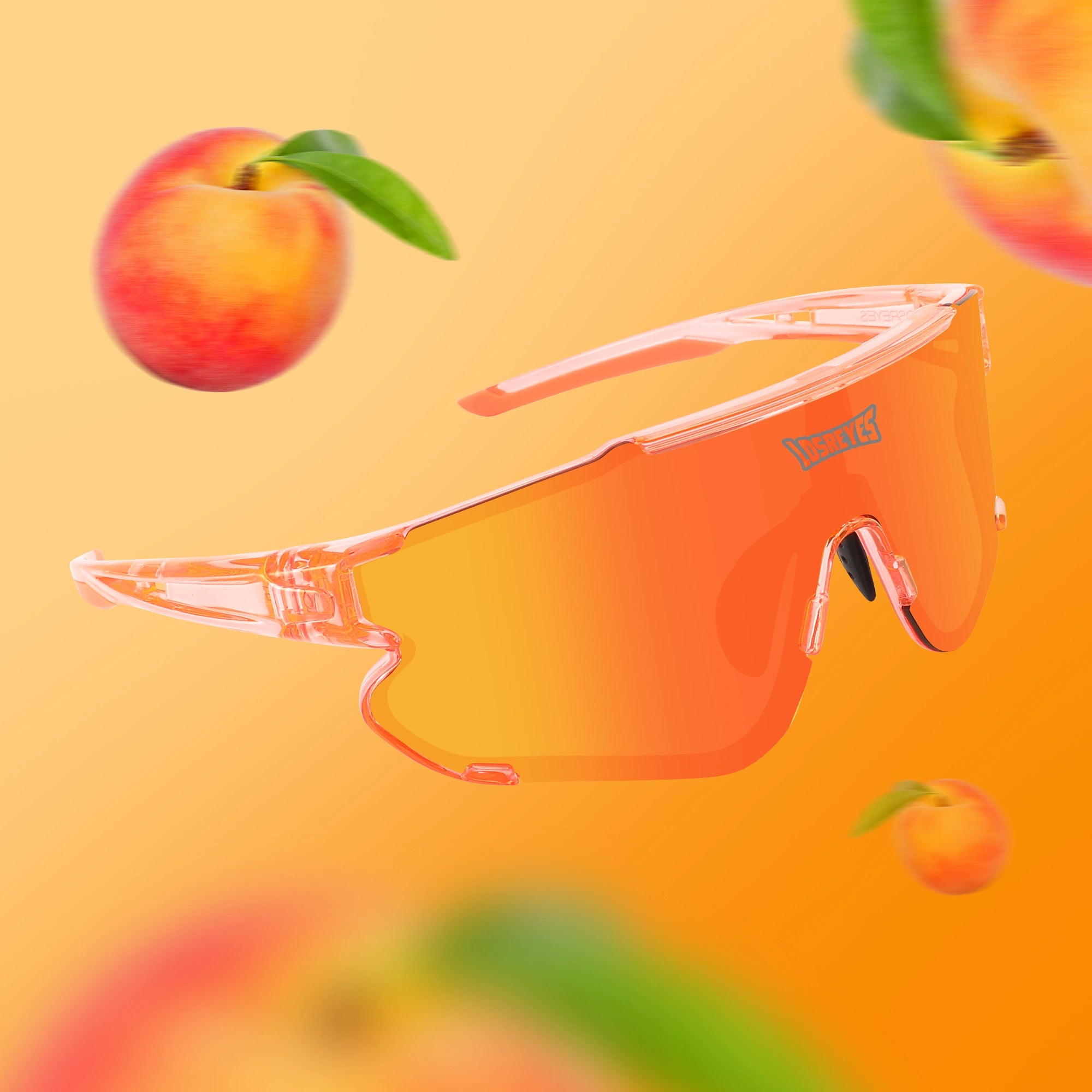 Losreyes Elevate sunglasses in Peach orange, amidst fresh peaches and juicy splash.