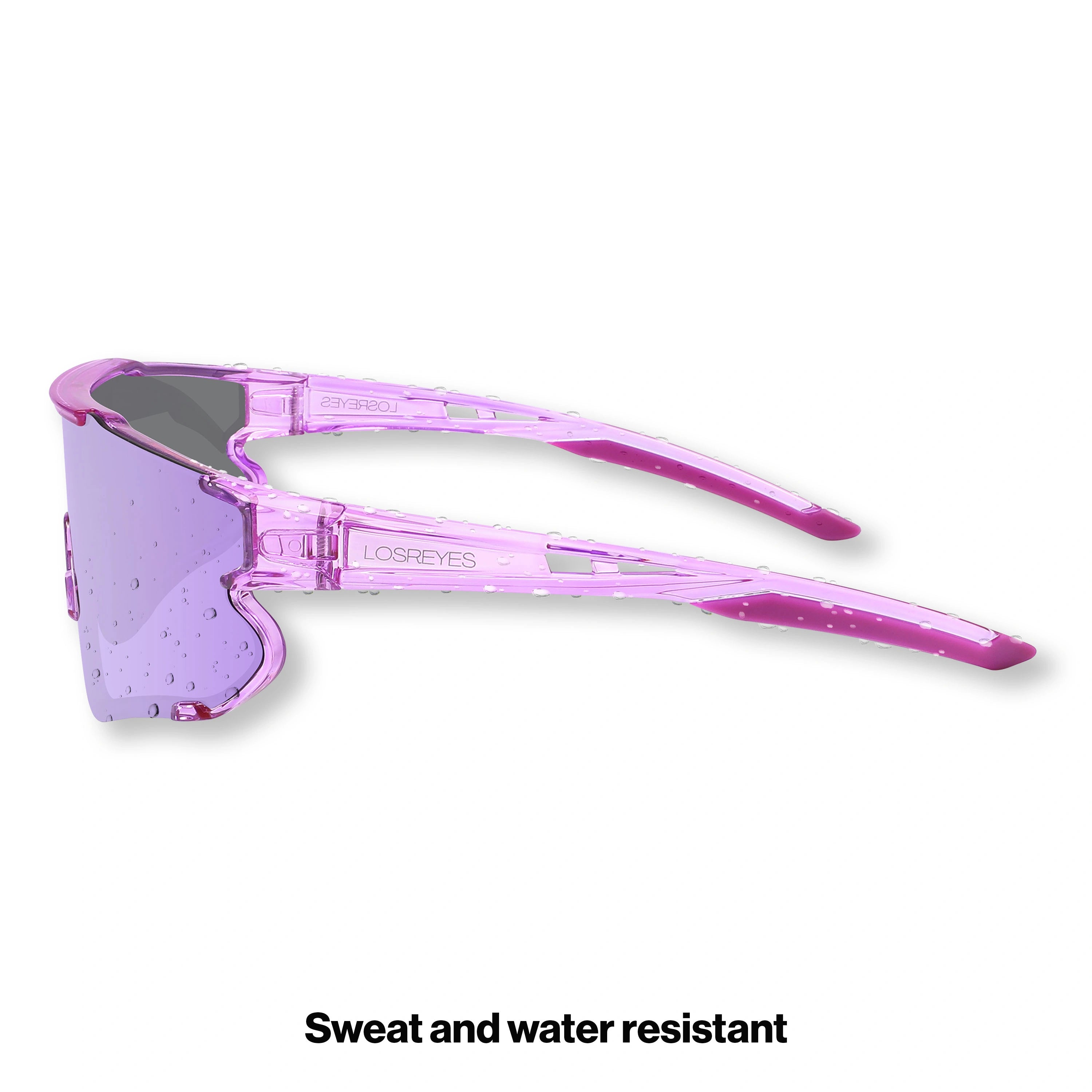 Side view of LosReyes Elevate Collection Purple grape wraparound sports sunglasses featuring iridium mirrored lens, ergonomic arms, and UV400 performance frame