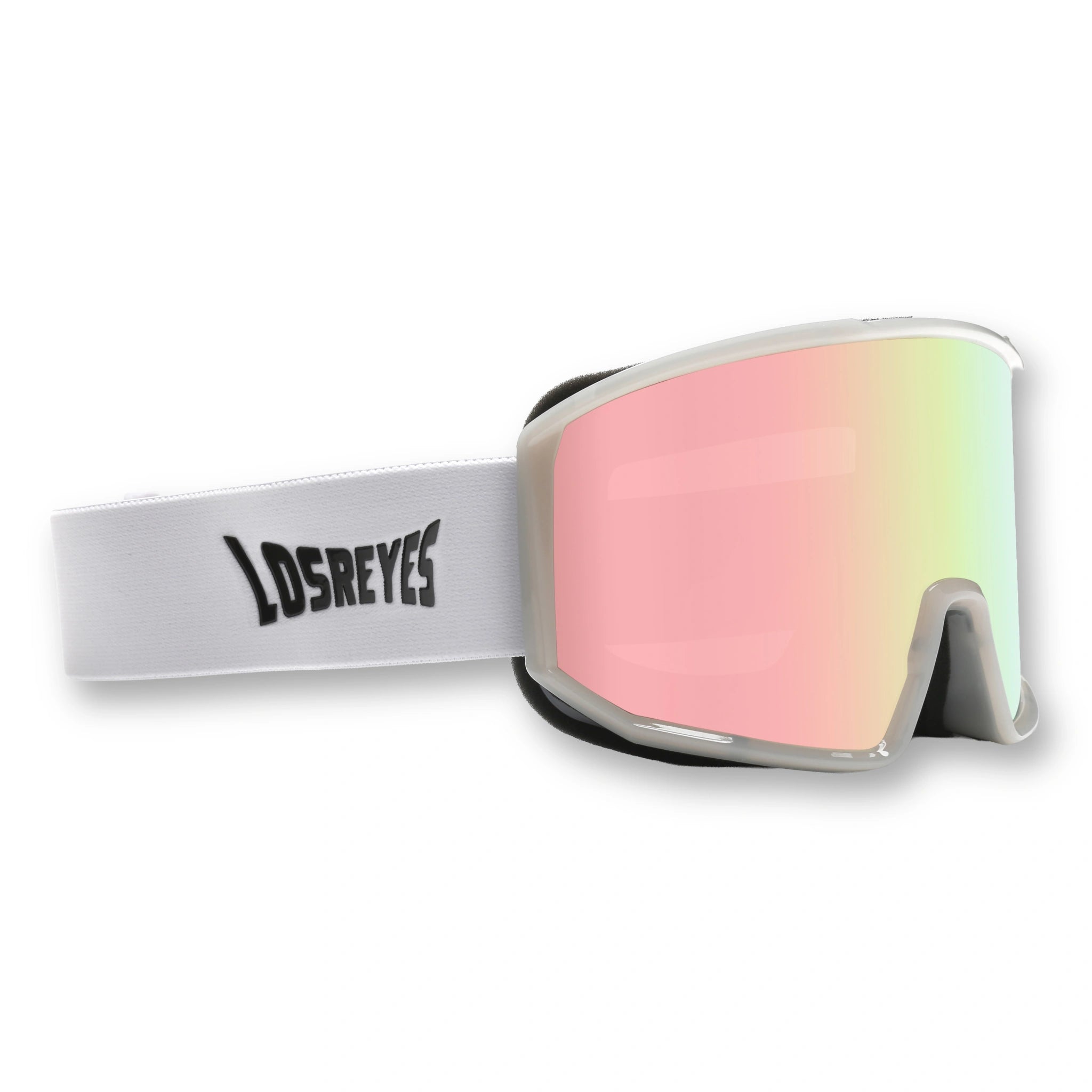 Angled view of LosReyes Everest Cherry Blossom snow goggles highlighting the mirrored lens, durable frame, and comfort foam padding.
