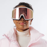 Front view of adult wearing LosReyes Everest Cherry Blossom snow goggles