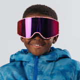 Front view of child wearing LosReyes Everest Cream snow goggles