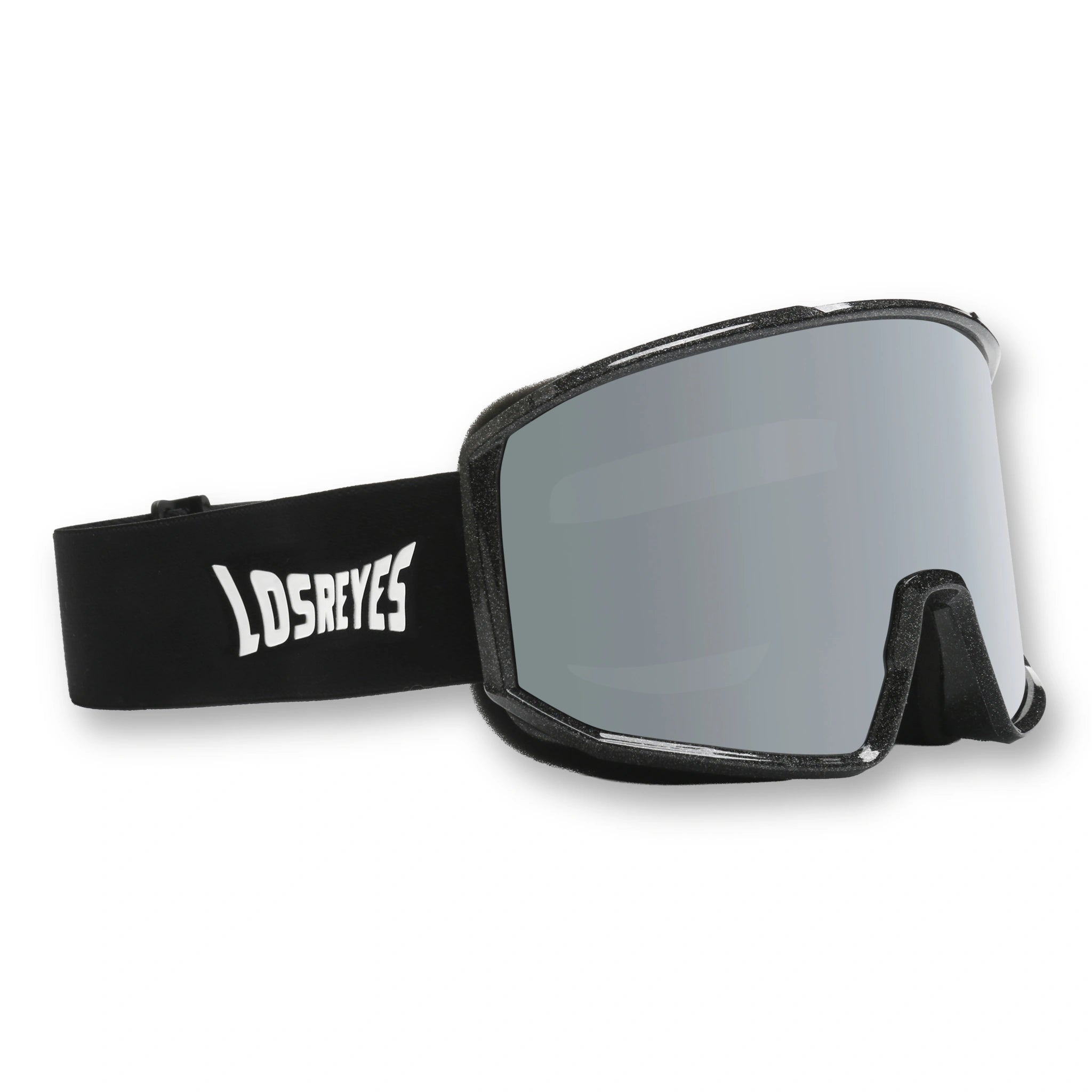 Angled view of LosReyes Everest Onyx snow goggles highlighting the mirrored lens, durable frame, and comfort foam padding.