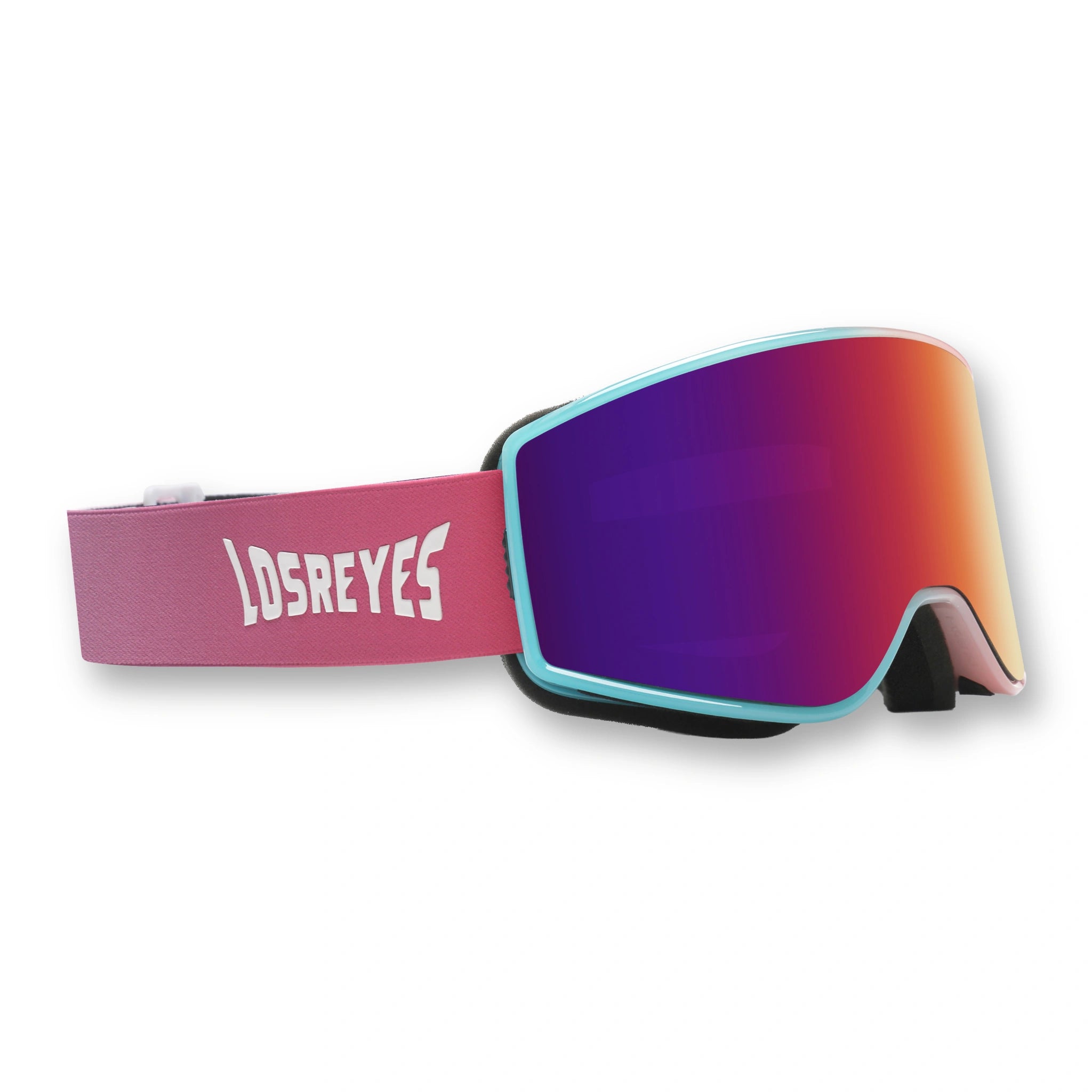 Angled view of LosReyes Everest Youth Cotton Candy snow goggles showing the mirrored lens, durable frame, and adjustable strap.