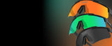 Three sunglasses in orange, green, and black on a gradient background fall season under 40$ sport sunglasses