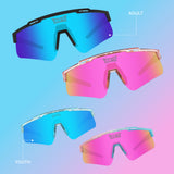 Four pairs of colorful sunglasses with different lens colors on a gradient blue and pink background from LosReyes brand, polarized sports sunglasses 