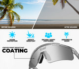LosReyes Sunglasses with beach scene before and after wearing, highlighting features like UV400 protection and impact resistance.