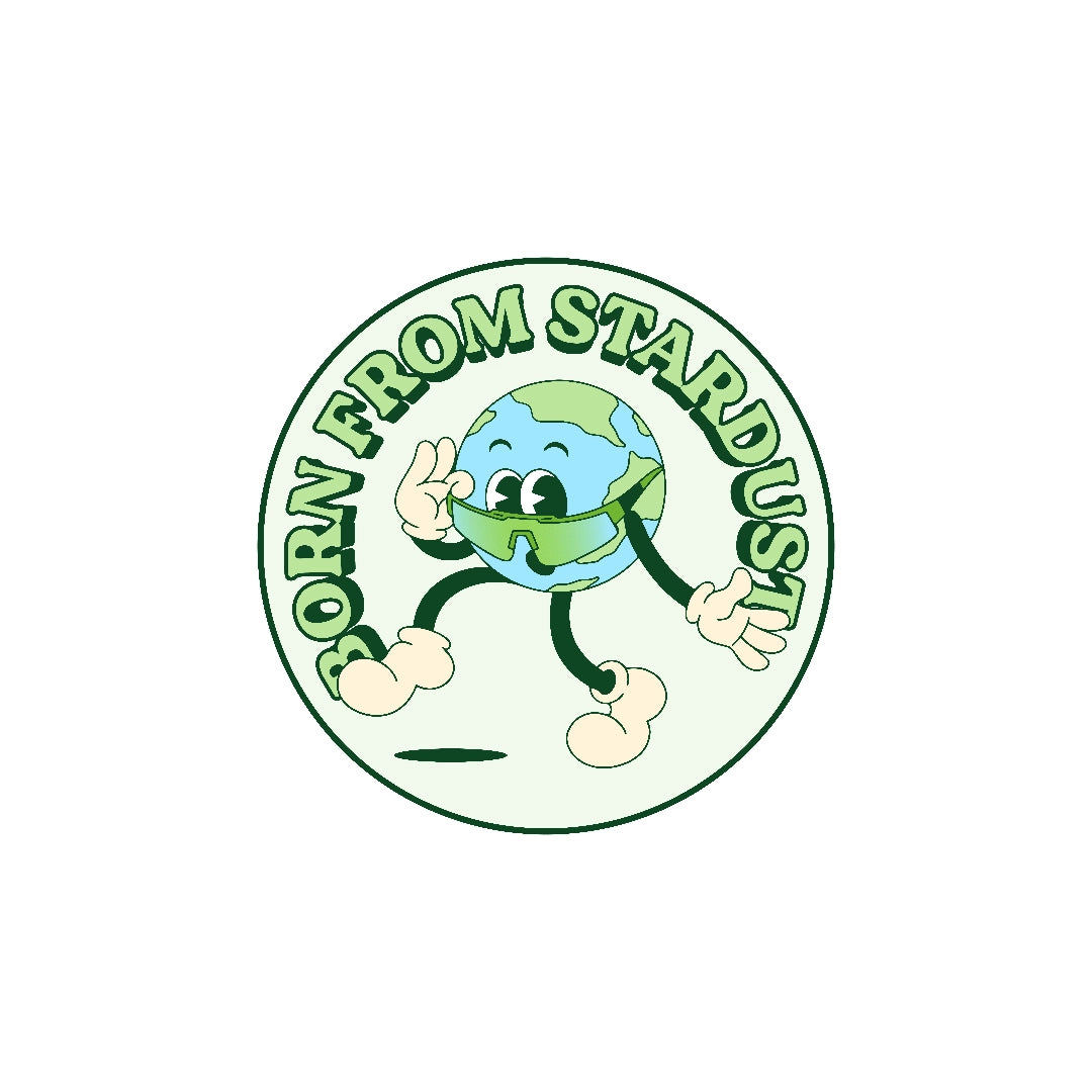 LosReyes Galaxy Earth sticker featuring a cartoon planet Earth character wearing wraparound sunglasses with the phrase “Born from Stardust” — cosmic motivational decal perfect for water bottles, laptops, notebooks, and space-themed collections