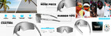LosReyes Galaxy Product display of sunglasses with various features highlighted, including nose piece, rubber tips, coating, measurements, and packaging.