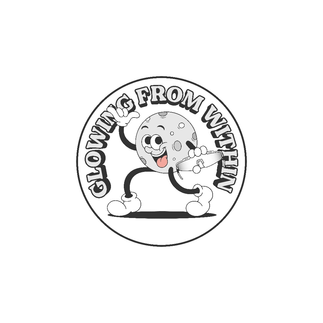 LosReyes Galaxy Moon sticker featuring a smiling gray cartoon moon character holding sunglasses with the phrase “Glowing From Within” — lunar space-themed vinyl decal for laptops, water bottles, helmets, and more