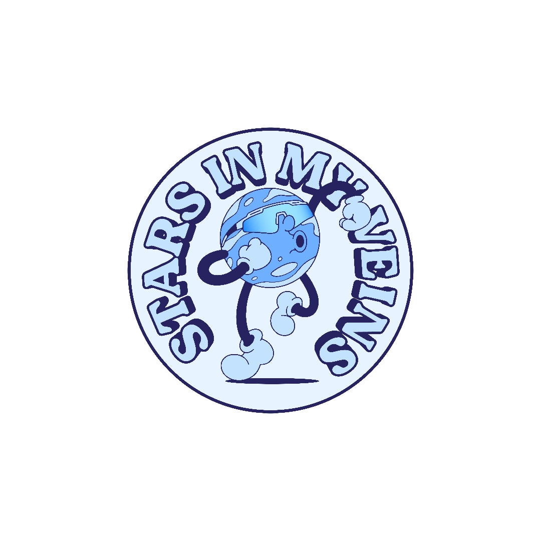 LosReyes Galaxy Neptune sticker with a bold blue cartoon planet character wearing sunglasses, surrounded by the phrase “Stars In My Veins” — space-themed vinyl decal for laptops, water bottles, helmets, skateboards, and more