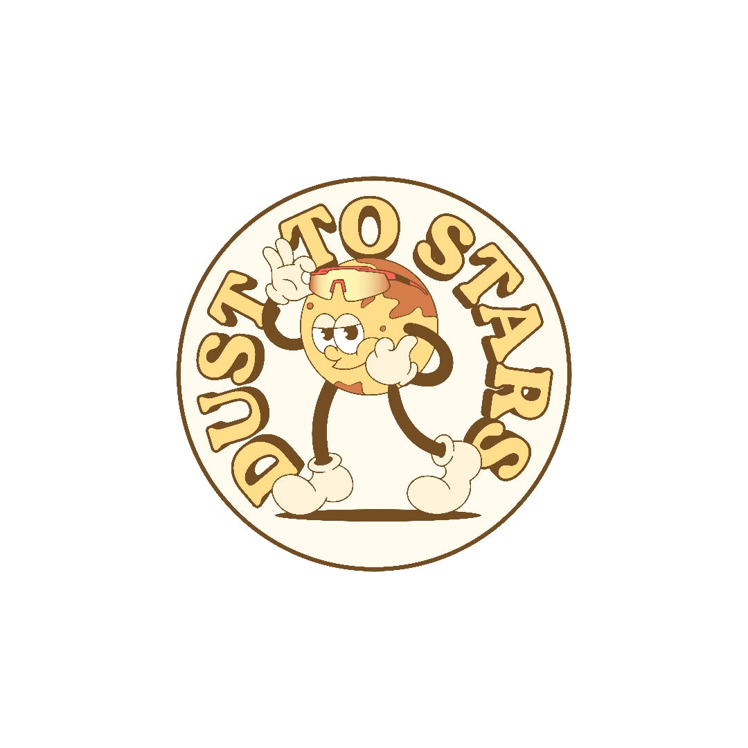 LosReyes Galaxy Pluto sticker with a brown cartoon planet character wearing wraparound sunglasses, captioned “Dust to Stars” — space-themed vinyl decal for laptops, phone cases, water bottles, and notebooks