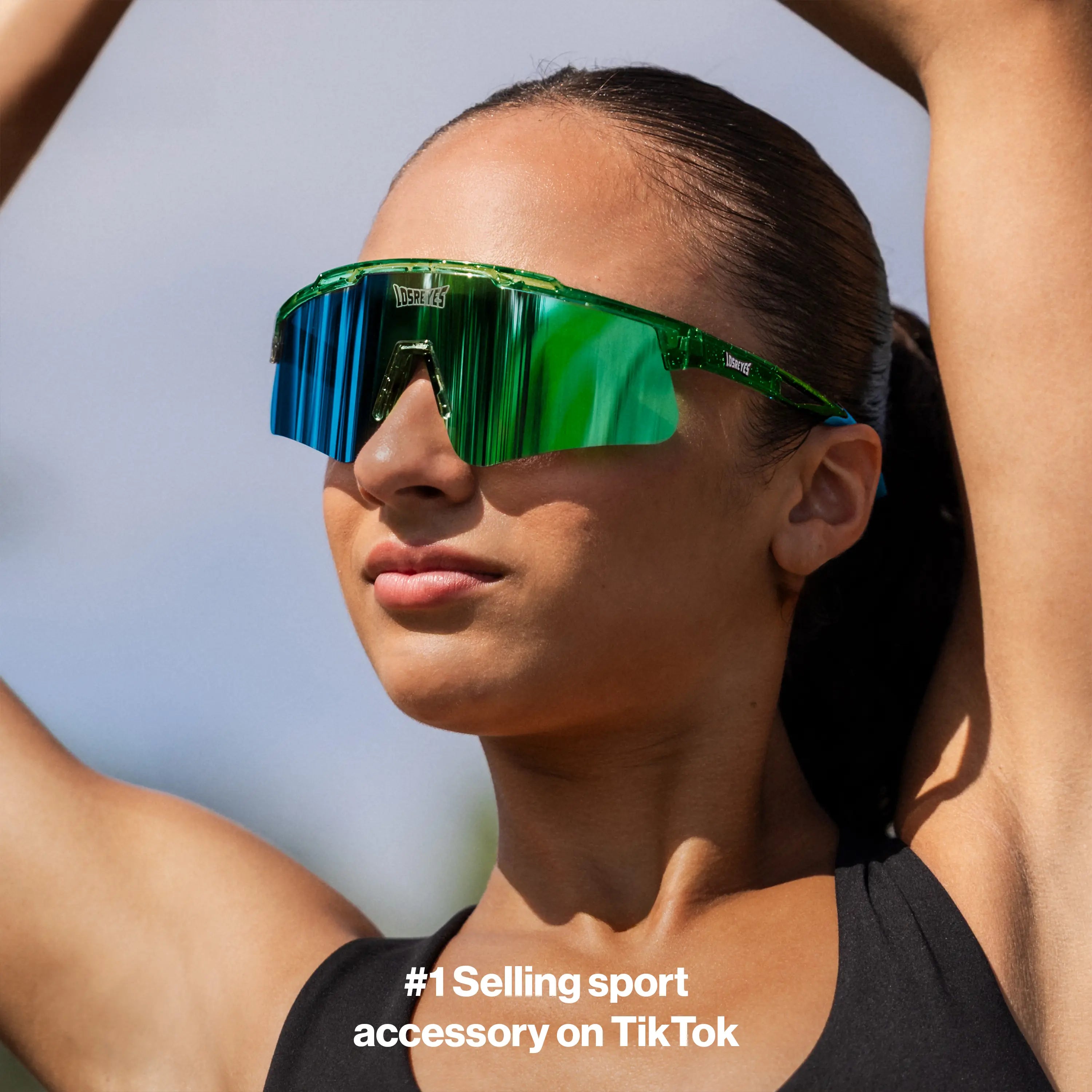 LosReyes Galaxy Prime Earth sunglasses with green mirrored lenses; sweat and water-resistant frame built for outdoor running, hiking, and fitness training.