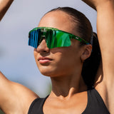 LosReyes Galaxy Prime Earth sunglasses with green mirrored lenses; sweat and water-resistant frame built for outdoor running, hiking, and fitness training.