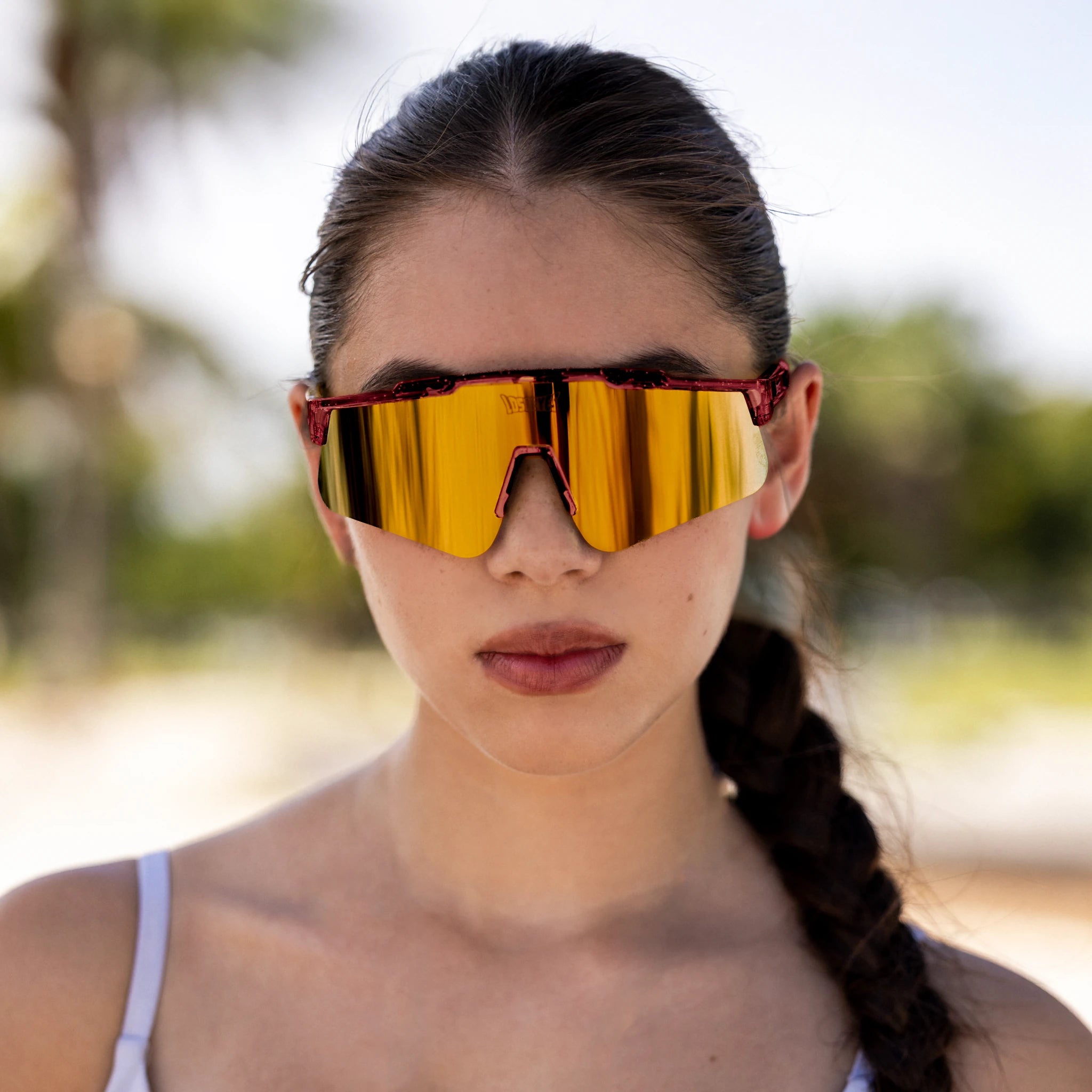 LosReyes Galaxy Prime Pluto sunglasses with gold mirror finish; scratch-resistant and water-repellent performance eyewear for hiking, workouts, and outdoor play.