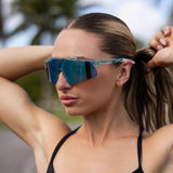 LosReyes Galaxy Prime Uranus sunglasses with vibrant blue lens; polarized, lightweight, and ideal for outdoor training and fitness activities.
