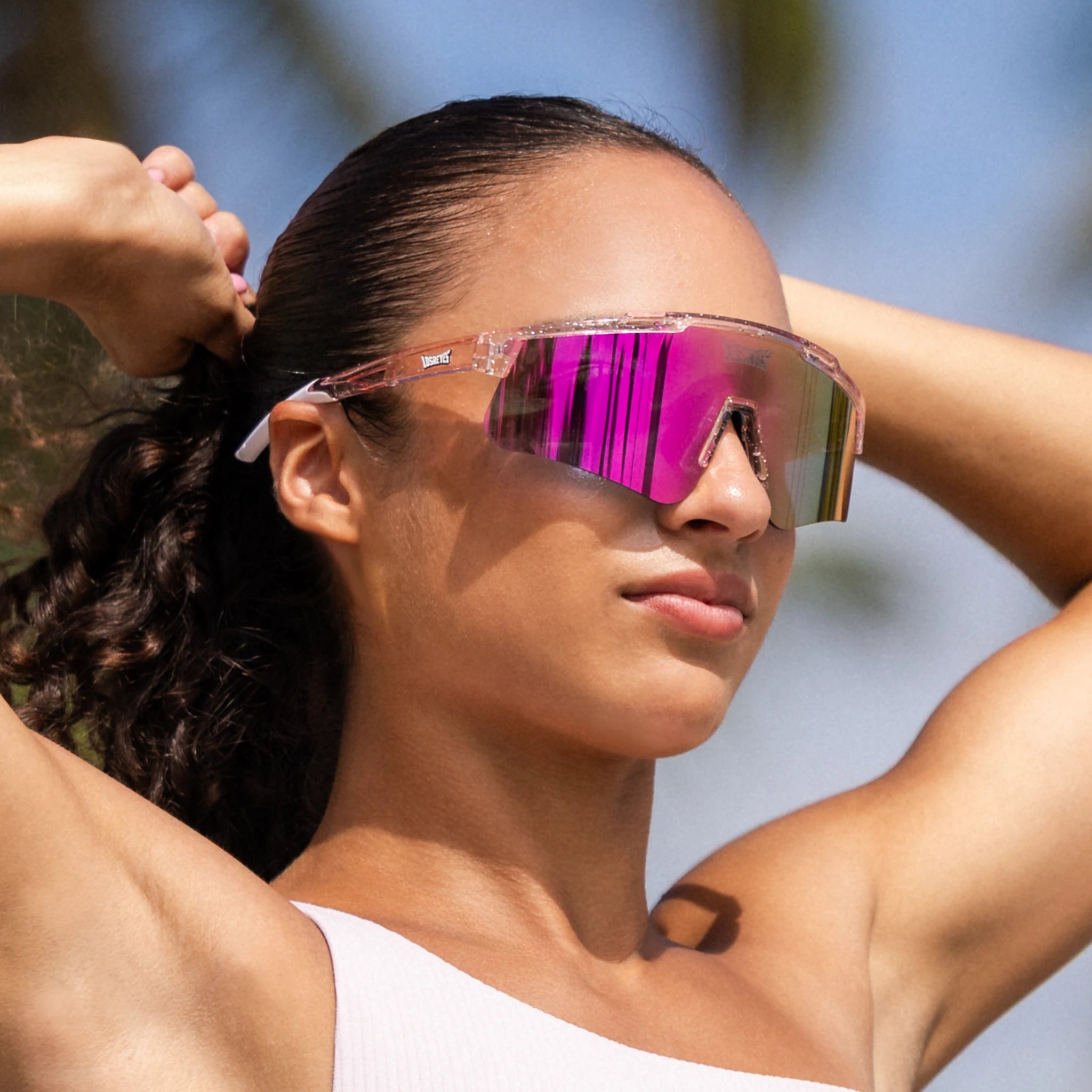 LosReyes Galaxy Prime Venus sunglasses with electric pink mirror lenses; scratch and water-resistant frame designed for running, training, and outdoor use.