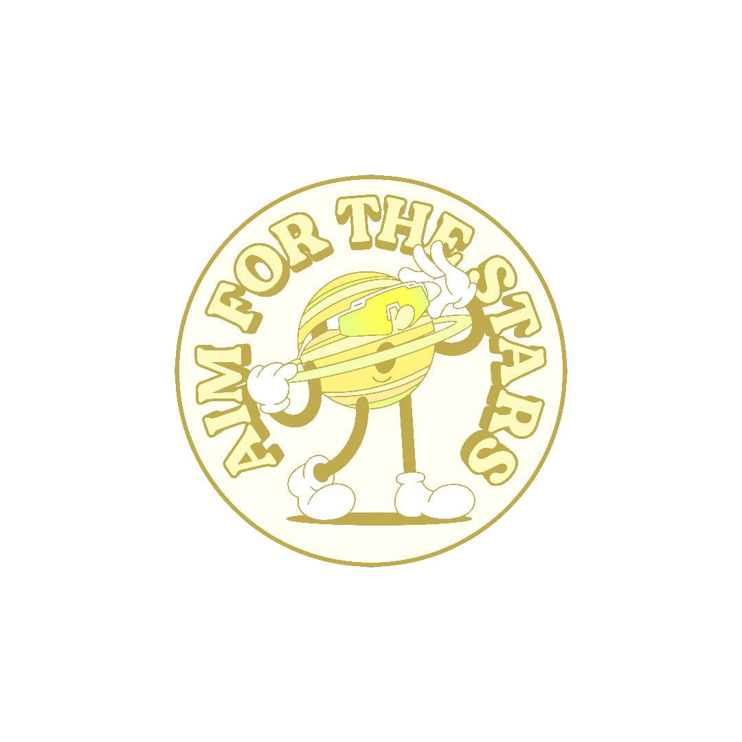 LosReyes Galaxy Saturn sticker featuring a yellow cartoon planet with rings and wraparound sunglasses, captioned “Aim for the Stars” — vibrant vinyl decal for laptops, phone cases, notebooks, and skateboards