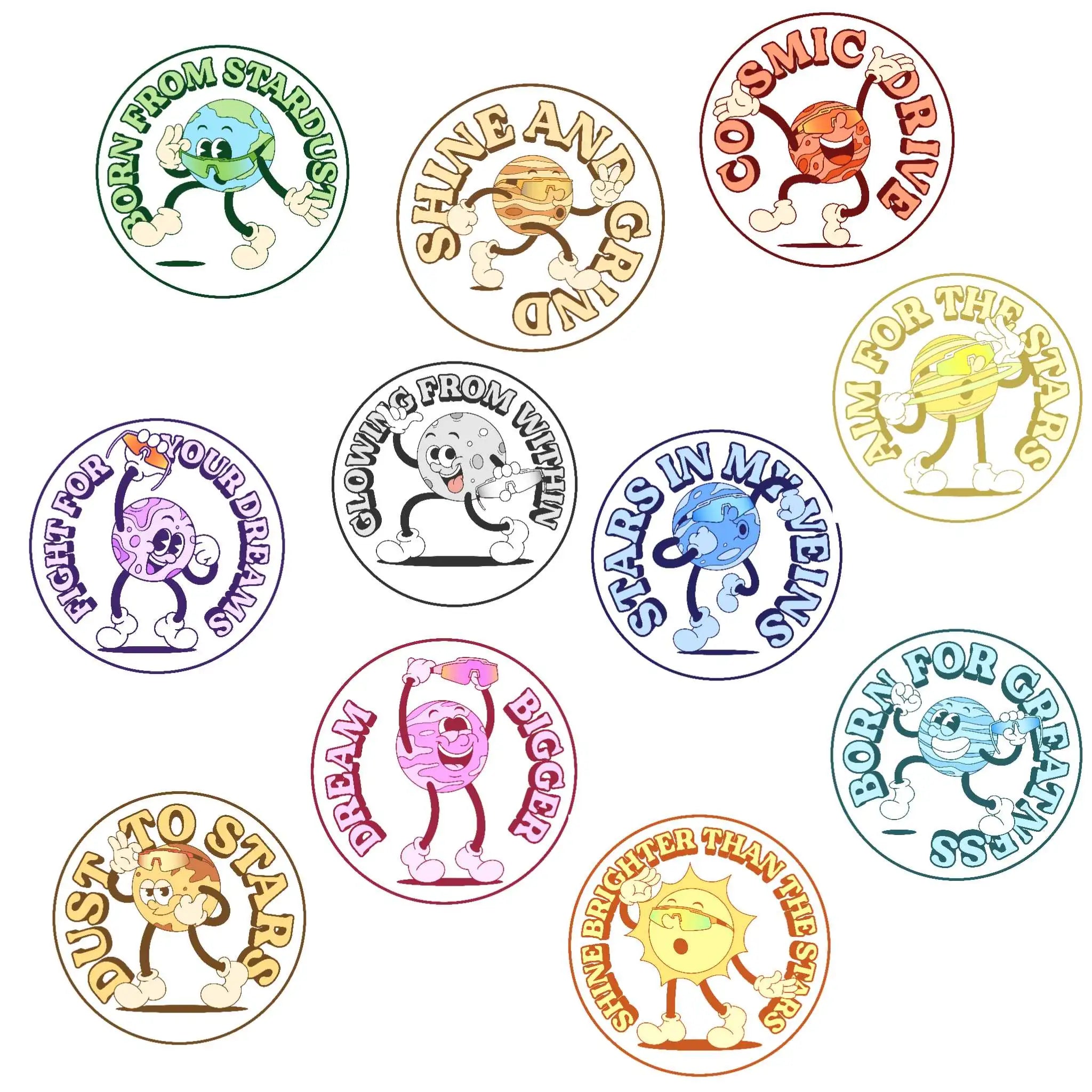 LosReyes Galaxy Prime sticker bundle featuring collectible planet characters wearing wraparound sports sunglasses — motivational space-themed decals with positive quotes like “Born from Stardust” and “Shine Brighter Than the Stars”, perfect for decorating laptops, notebooks, water bottles, and more