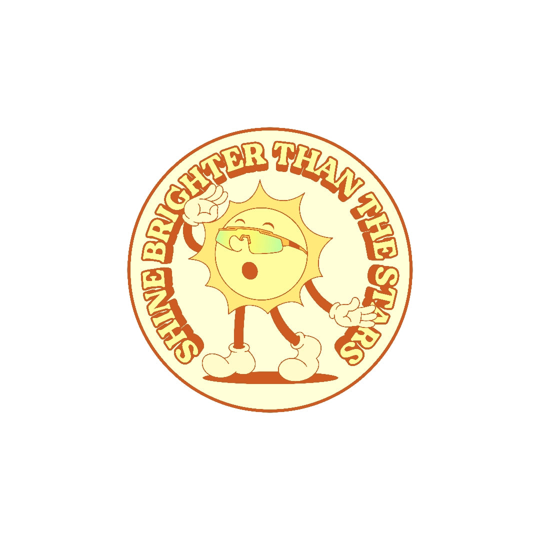 LosReyes Galaxy Sun sticker featuring a bold yellow cartoon sun wearing wraparound sunglasses, captioned “Shine Brighter Than the Stars” — premium vinyl decal perfect for laptops, notebooks, skateboards, and more