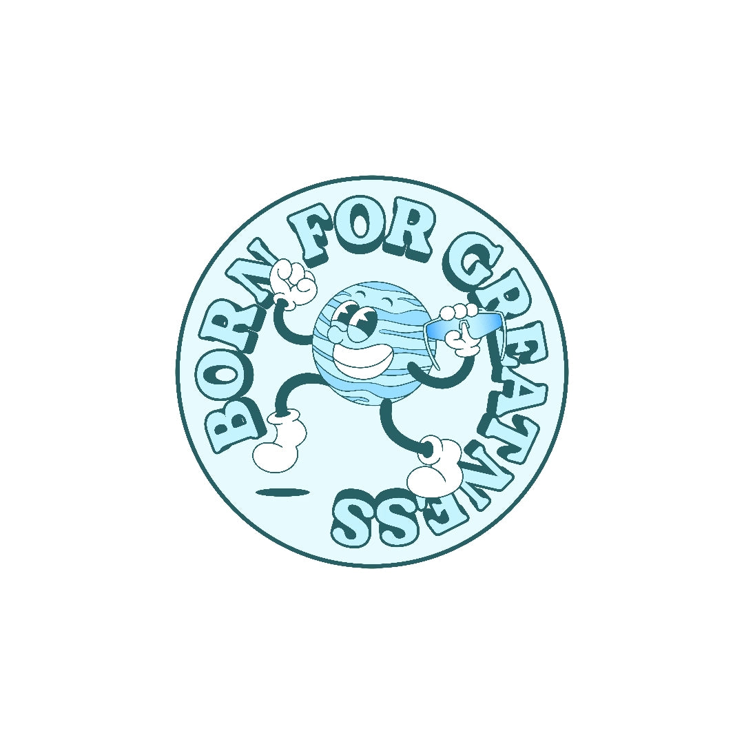 LosReyes Galaxy Uranus sticker showing a bold blue cartoon planet character holding sunglasses, with the phrase “Born for Greatness” — premium vinyl decal perfect for water bottles, laptops, lockers, and streetwear collectors