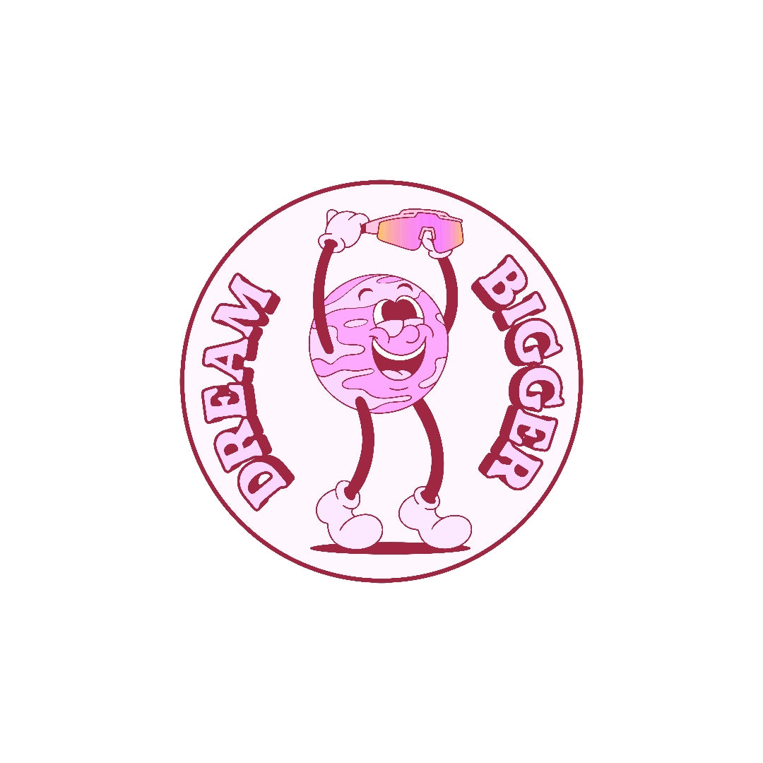 LosReyes Galaxy Venus sticker featuring a pink planet cartoon character raising mirrored sunglasses with the phrase “Dream Bigger” — motivational vinyl decal for laptops, water bottles, journals, and collector packs