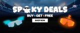 LosReyes Halloween Buy 1 Get 1 Free sale on UV400 sport sunglasses, teal and orange mirrored shield sunglasses under stadium lights with Shop Now button