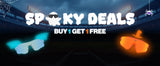 LosReyes Spooky Deals Halloween sale, Buy 1 Get 1 Free sport sunglasses with glowing teal and orange shield lenses in a night baseball stadium