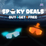 Spooky Deals from LosReyes, Buy 1 Get 1 Free on sport sunglasses featuring glowing teal and orange mirrored shield lenses on a baseball field at night