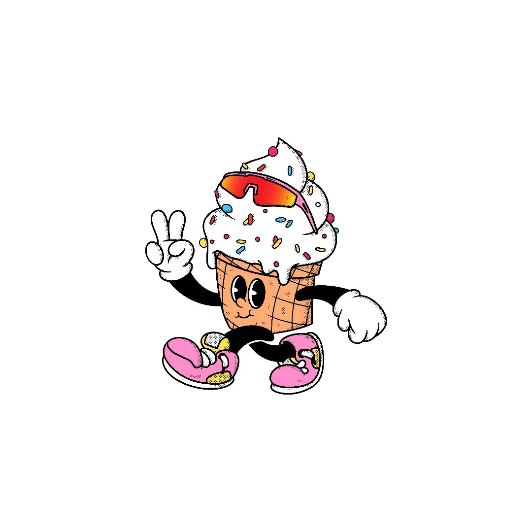 Ice cream cone character sticker by LosReyes wearing pink wraparound sports sunglasses with rainbow sprinkles and sneakers — collectible candy decal perfect for customizing laptops, bottles, or bundles
