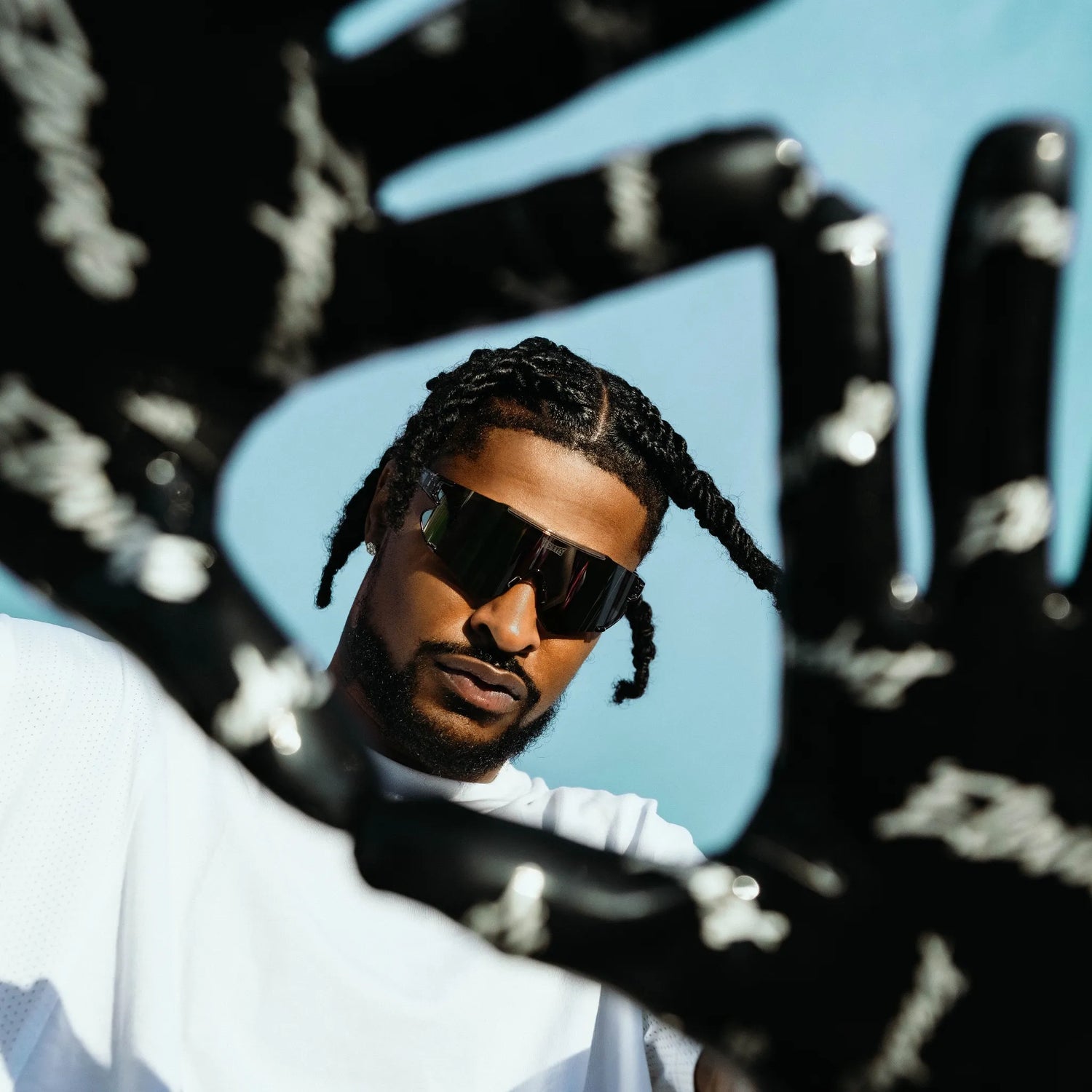 Ross500 in LosReyes Marshmallow Elevate sunglasses, designed for football athletes with fingerprint-resistant lenses and full-spectrum UV400 protection.