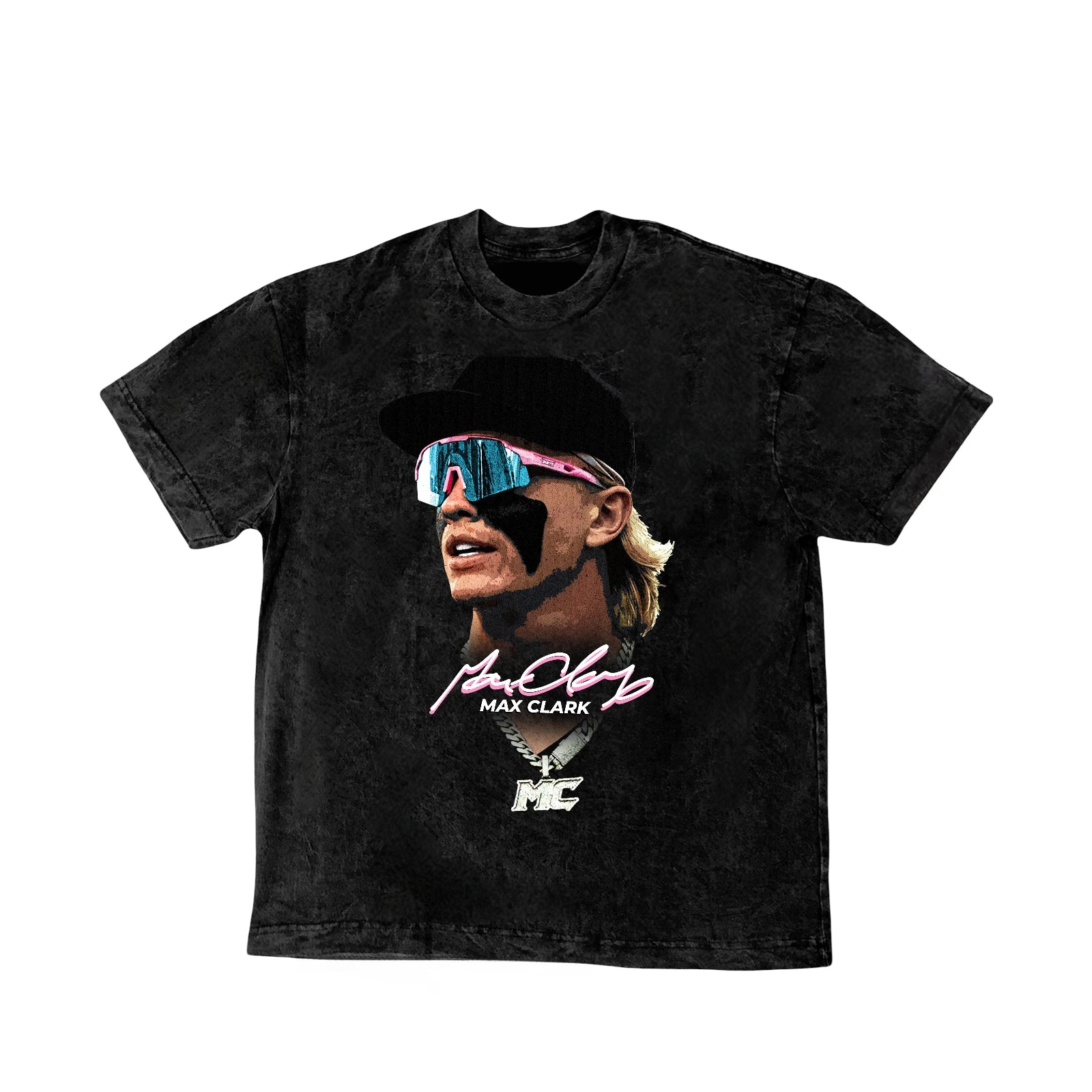 Front view of LosReyes Max Clark signature black vintage graphic tee featuring a bold portrait of Max Clark wearing pink and blue sports sunglasses, custom face paint, and "MC" chain—streetwear baseball apparel blending athletic energy with iconic design.