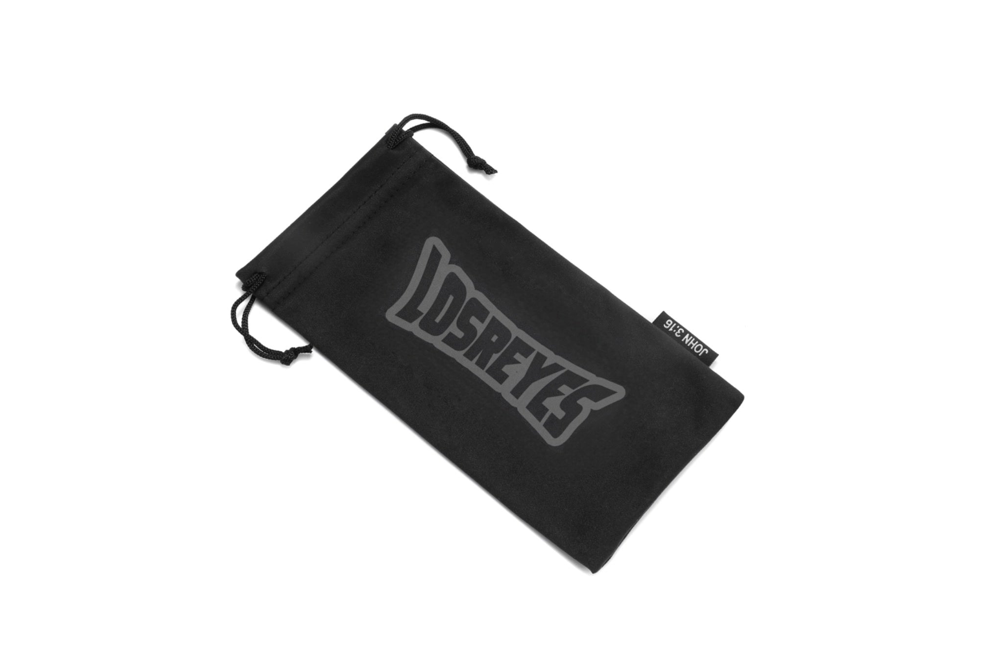 Black LosReyes microfiber pouch with printed logo and JOHN 3:16 side tag