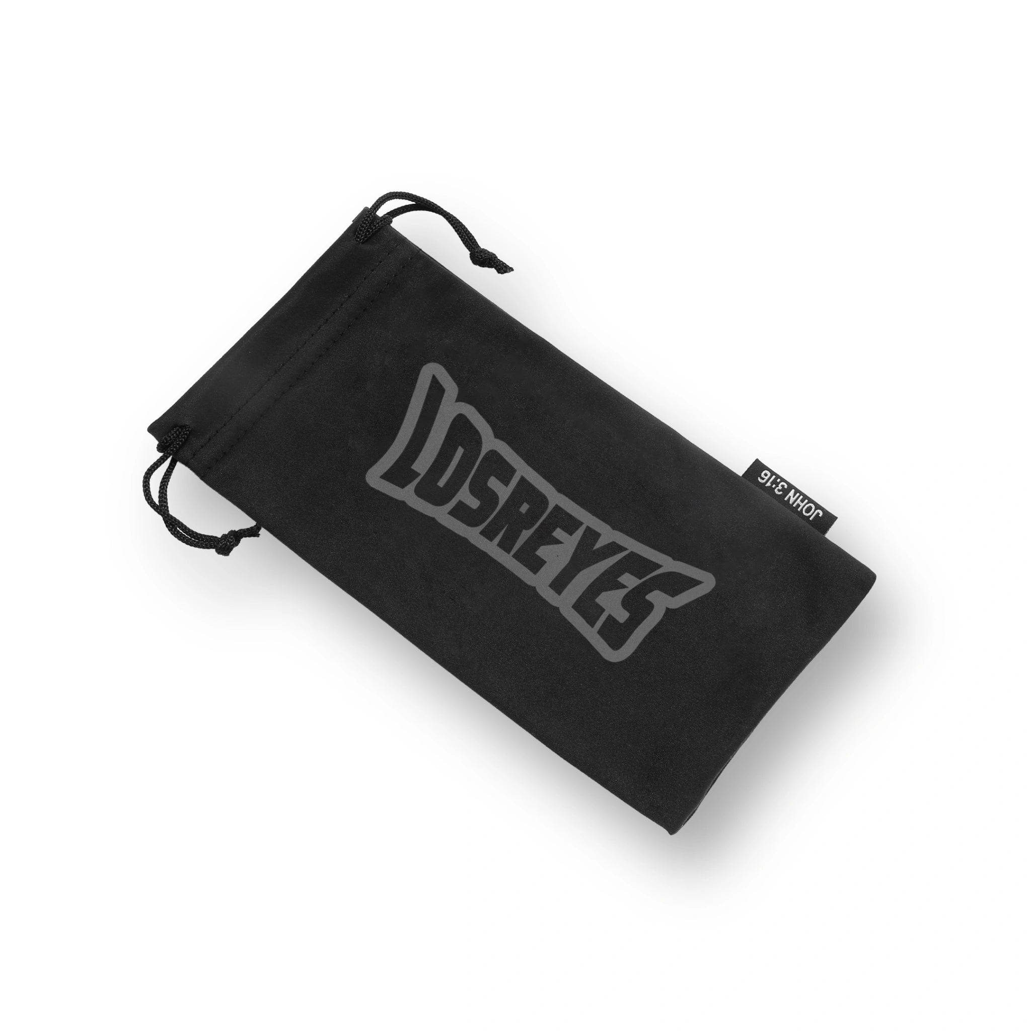 Black LosReyes microfiber pouch with printed logo and JOHN 3:16 side tag