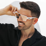 Man wearing LOSREYES Omega Athena lifestyle sunglasses with white frame and rose gold reflective mirror lens