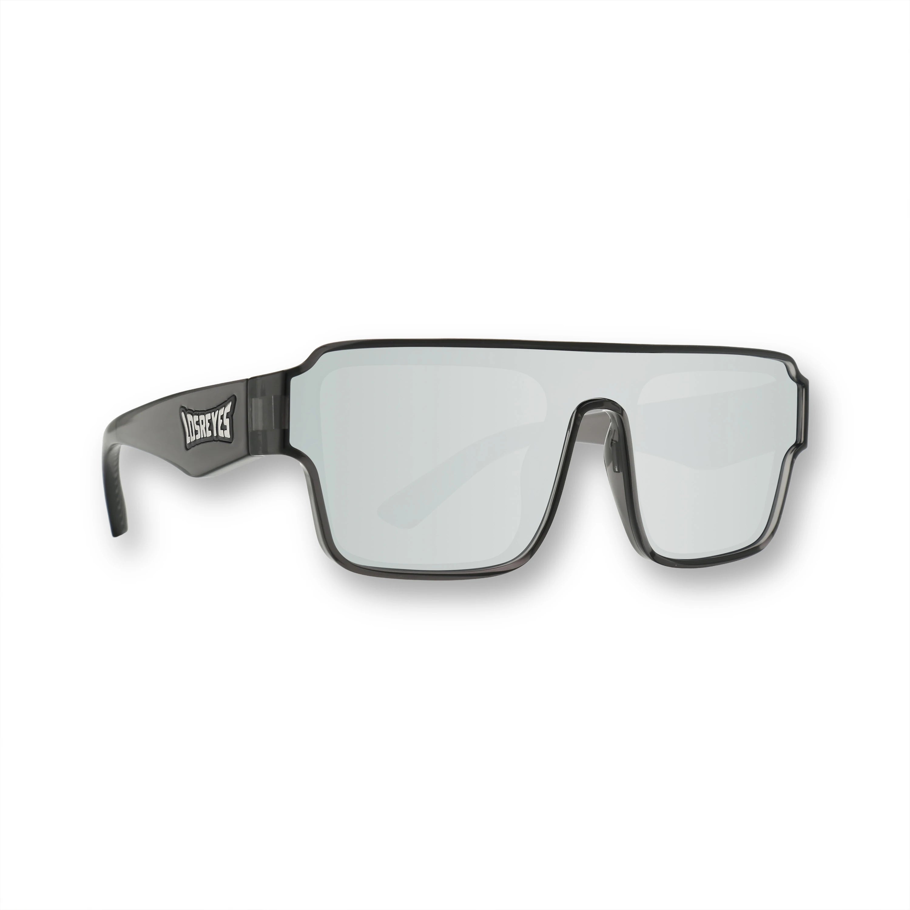 LosReyes Omega Hades Youth sunglasses with smoke black frame and silver mirror shield lens, angled front product view