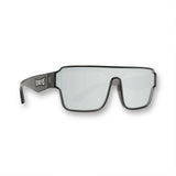 LosReyes Omega Hades Youth sunglasses with smoke black frame and silver mirror shield lens, angled front product view